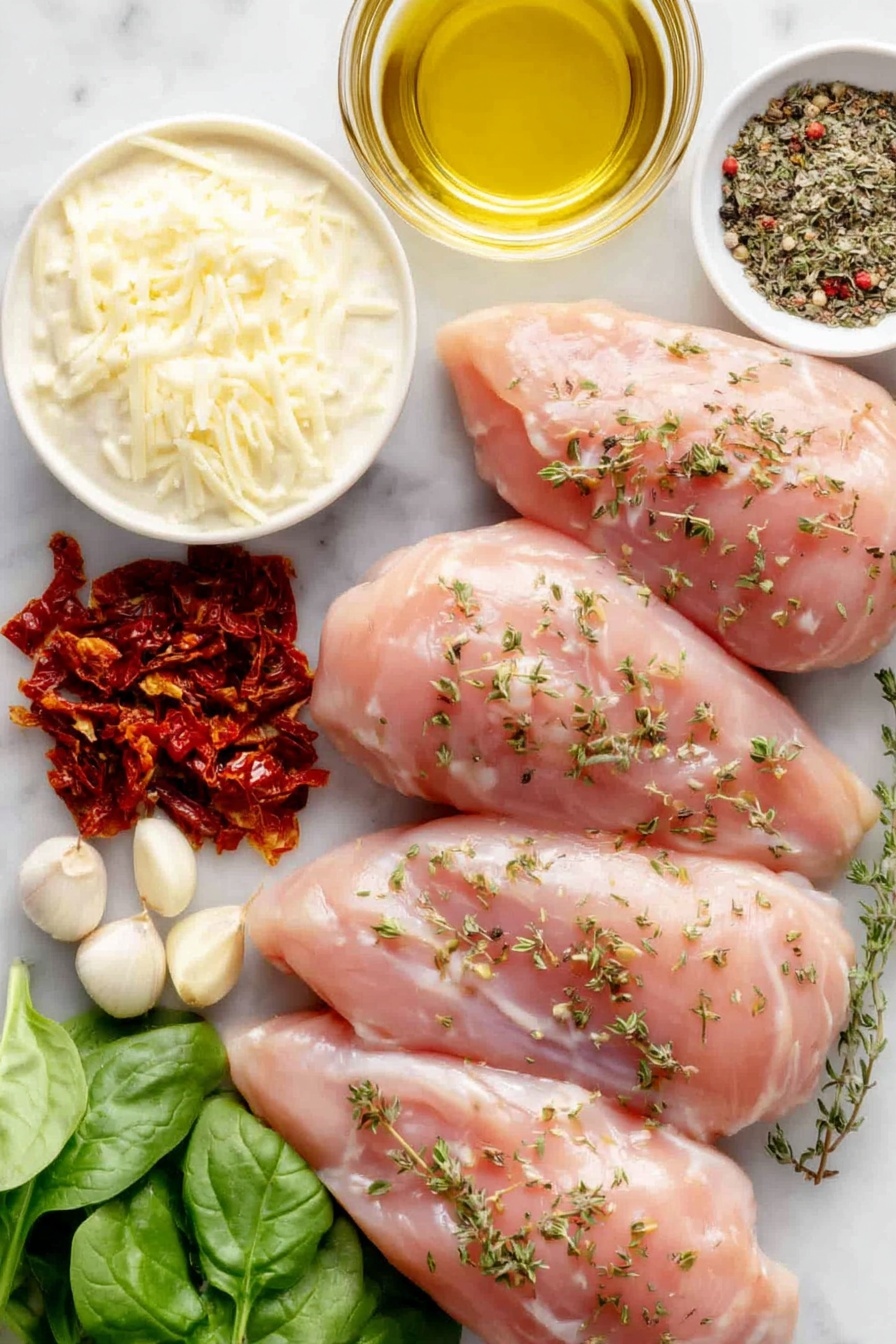 Flat lay of four raw boneless skinless chicken breasts, a small heap of mixed dried Italian herbs (oregano, thyme, basil, rosemary), coarse kosher salt crystals, a small pile of freshly ground black pepper, a few garlic cloves with papery skins removed, finely chopped yellow onion in a small mound, thinly sliced sun-dried tomatoes, a handful of fresh baby spinach leaves, a small white ceramic bowl filled with thick heavy cream, a small white ceramic bowl with freshly grated parmesan cheese, and a small white ceramic bowl holding extra virgin olive oil, all arranged symmetrically on a clean white marble surface, soft natural light, photo taken with an iPhone, professional food photography style, fresh ingredients, white ceramic bowls, no bottles, no duplicates, no utensils, no packaging --ar 2:3 --v 7 --p m7354615311229779997 - Creamy Tuscan Chicken Skillet, Tuscan chicken with sun-dried tomatoes and spinach, easy creamy chicken dinner, weeknight chicken meals, Italian chicken skillet