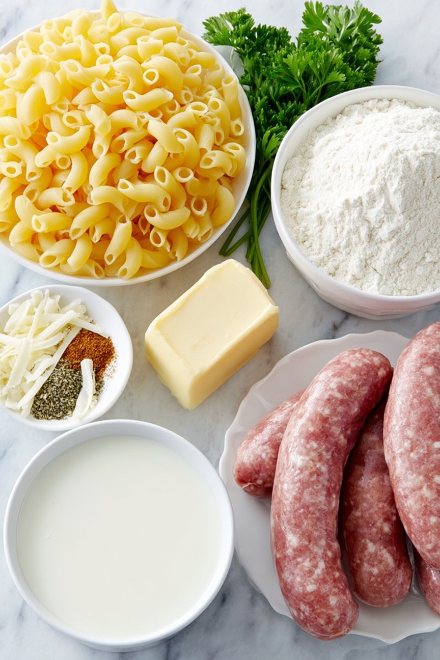 Flat lay of dry elbow pasta arranged neatly, a fresh bulk Italian sausage link uncooked, a small pat of golden butter, a few cloves of whole garlic with clean skins, a medium yellow onion whole and unpeeled, a small white ceramic bowl filled with white all-purpose flour, a small white ceramic bowl holding creamy whole milk, a small white ceramic bowl with ground black pepper, a small white ceramic bowl with smoked paprika powder, a small white ceramic bowl containing ground mustard powder, a mound of freshly grated sharp white cheddar cheese, a few sprigs of fresh parsley with vibrant green leaves, all ingredients symmetrically placed on simple white ceramic dishes and bowls, placed on a clean white marble surface, soft natural light, photo taken with an iPhone, professional food photography style, fresh ingredients, white ceramic bowls, no bottles, no duplicates, no utensils, no packaging --ar 2:3 --v 7 --p m7354615311229779997 - Creamy Sausage Mac and Cheese, sausage mac and cheese, cheesy sausage pasta, comfort food recipes, easy sausage pasta