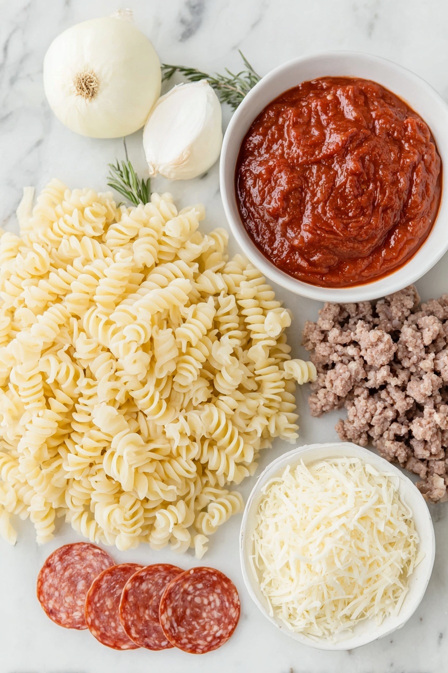 Flat lay of a mound of uncooked rotini pasta, a small pile of raw ground beef, a halved white onion showing its layers, a single whole garlic bulb clove, a few sprigs of dried Italian seasoning herbs, a white ceramic bowl filled with bright red pizza sauce, a small white bowl of clear water, a generous heap of shredded mozzarella cheese, and a neat stack of round pepperoni slices arranged symmetrically, all placed on a clean white marble surface, soft natural light, photo taken with an iPhone, professional food photography style, fresh ingredients, white ceramic bowls, no bottles, no duplicates, no utensils, no packaging --ar 2:3 --v 7 --p m7354615311229779997 - Baked Pizza Pasta, easy baked pasta recipes, cheesy pizza pasta bake, weeknight dinner ideas, hearty Italian pasta dish