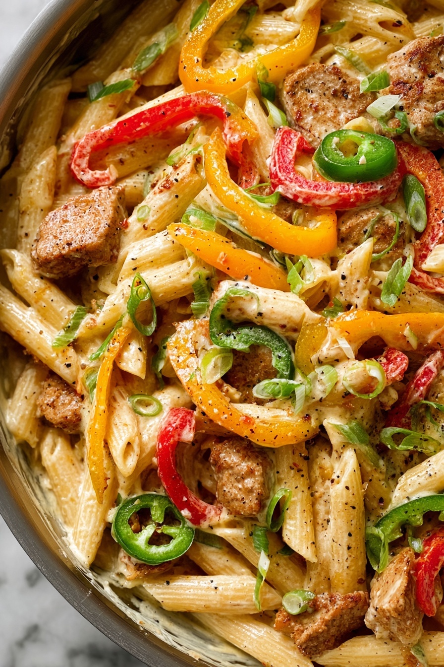 A close top view of a silver pan filled with three layers of food: the bottom layer is yellow pasta tubes, the middle layer is thick sliced red and yellow bell pepper strips and white onion strips, and the top layer is small browned chicken pieces sprinkled with round chopped green onions. A woman's hand stirs the food with a wooden spoon from the left side of the pan while another woman's hand holds the handle of the pan on the right. To the upper left is a white bowl with dark green chopped spring onions. The pan and bowl sit on a white marbled surface with a beige cloth partly under the pan. photo taken with an iphone --ar 2:3 --v 7 - Buffalo Chicken Pasta, spicy pasta recipes, quick weeknight dinners, creamy buffalo chicken pasta, easy pasta with buffalo sauce