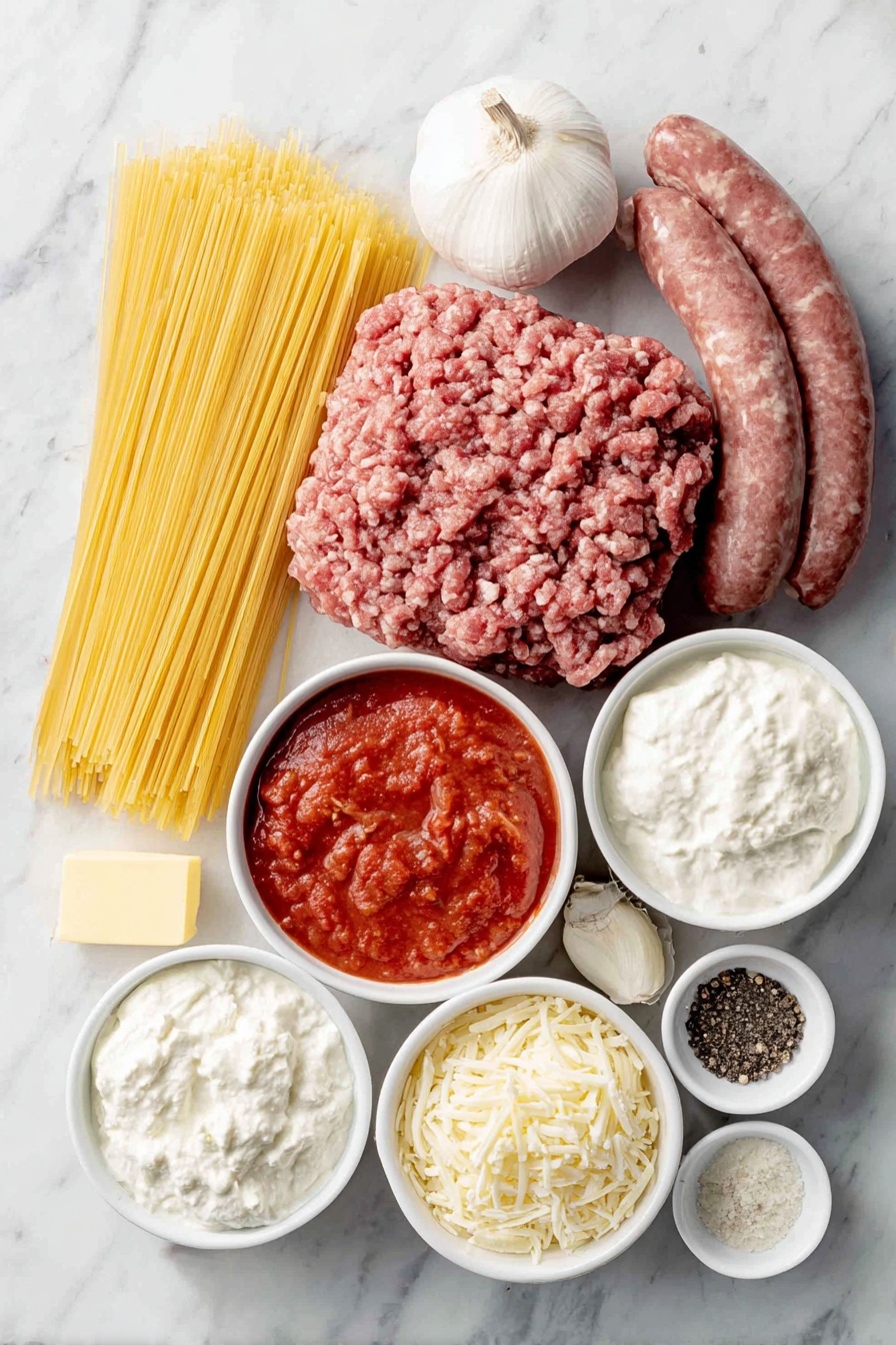 Flat lay of a bundle of uncooked spaghetti, a small pat of yellow butter on a simple white ceramic plate, a mound of fresh ground beef, a small pile of raw Italian sausage links, one whole small yellow onion, three whole garlic cloves, a small white ceramic bowl filled with vibrant red marinara sauce, a small white ceramic bowl with cream cheese, a small white ceramic bowl with ricotta cheese, a small white ceramic bowl with sour cream, a small white ceramic bowl with grated Parmesan cheese, a small white ceramic bowl with shredded mozzarella cheese, a small white ceramic bowl containing mixed Italian seasoning, a small white ceramic bowl with coarse salt, and another small white ceramic bowl with black peppercorns, all arranged symmetrically and proportionally, placed on a clean white marble surface, soft natural light, photo taken with an iPhone, professional food photography style, fresh ingredients, white ceramic bowls, no bottles, no duplicates, no utensils, no packaging --ar 2:3 --v 7 --p m7354615311229779997 - Creamy Cheesy Spaghetti Bake, cheesy pasta bake, easy lasagna-inspired casserole, comfort food recipes, baked spaghetti dish