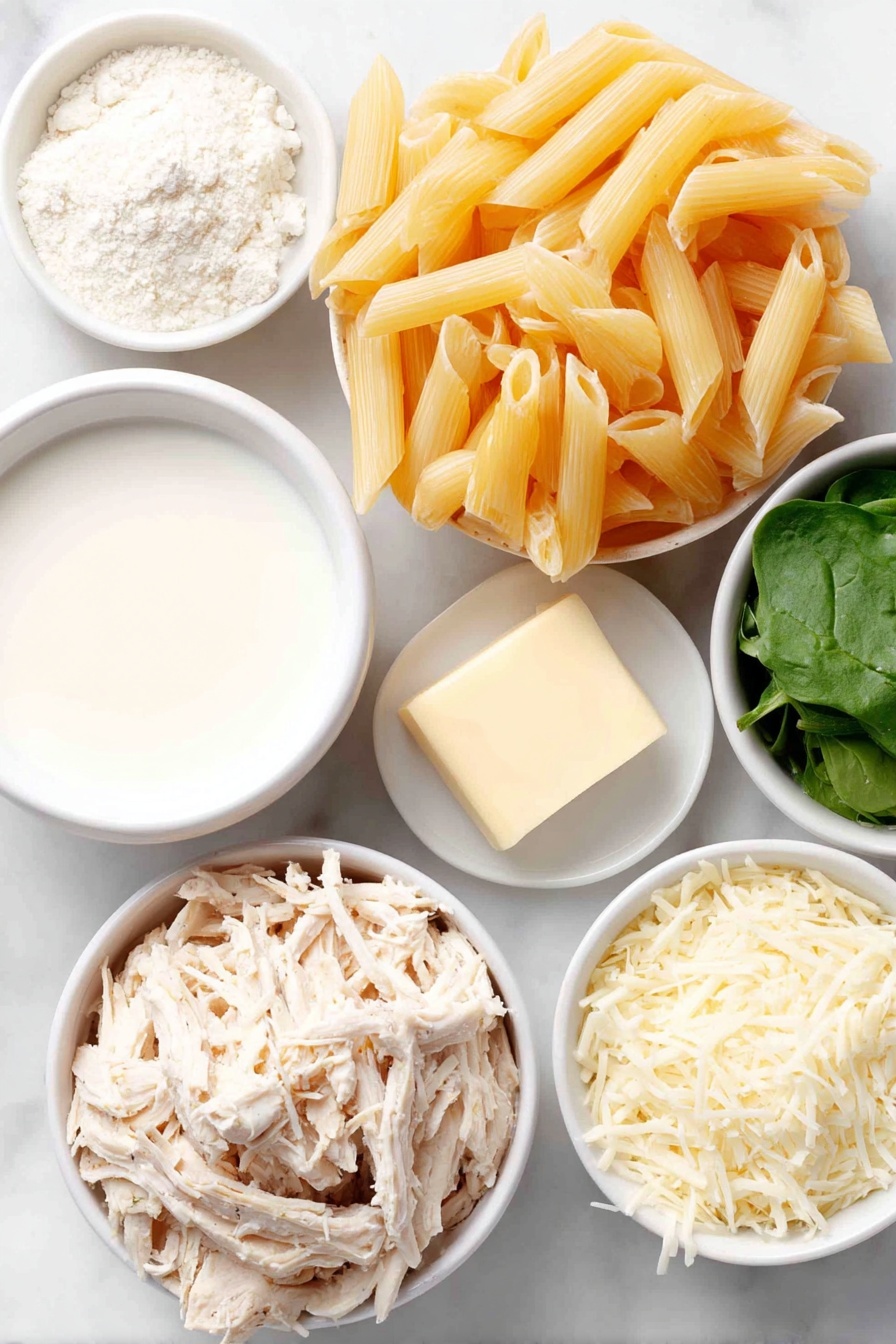 Flat lay of a mound of uncooked penne pasta, a small pat of unsalted butter, two whole uncracked brown garlic bulbs, a small white ceramic bowl with all purpose flour, a small white ceramic bowl filled with fresh whole milk, a small white ceramic bowl with a few dollops of cream cheese, a small pile of shredded parmesan cheese, a portion of cooked shredded chicken breast, a small heap of fresh lightly chopped spinach leaves, and a small white ceramic bowl with clear pasta cooking water, all arranged in perfect symmetry and balanced proportions, placed on a clean white marble surface, soft natural light, photo taken with an iPhone, professional food photography style, fresh ingredients, white ceramic bowls, no bottles, no duplicates, no utensils, no packaging --ar 2:3 --v 7 --p m7354615311229779997 - Creamy Chicken Spinach Pasta, Easy Chicken Pasta Recipes, Weeknight Pasta Dinner, Creamy Pasta with Spinach and Chicken, Quick Cheese Pasta Dishes