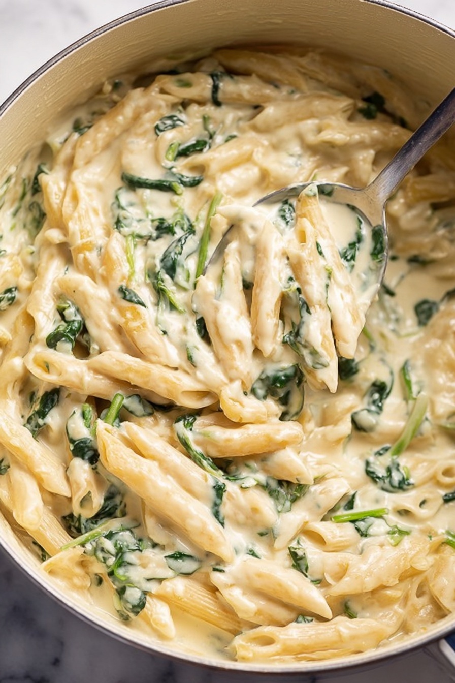The image shows a pot filled with creamy pasta. The pasta is penne, which is light beige and mixed in a thick white sauce. There are pieces of green spinach evenly spread throughout the pasta, adding small color spots. The sauce looks smooth and coats the pasta well. A metal spoon is partially inside the pot, lifting some pasta. The background is a white marbled texture. photo taken with an iphone --ar 2:3 --v 7 - Creamy Chicken Spinach Pasta, Easy Chicken Pasta Recipes, Weeknight Pasta Dinner, Creamy Pasta with Spinach and Chicken, Quick Cheese Pasta Dishes