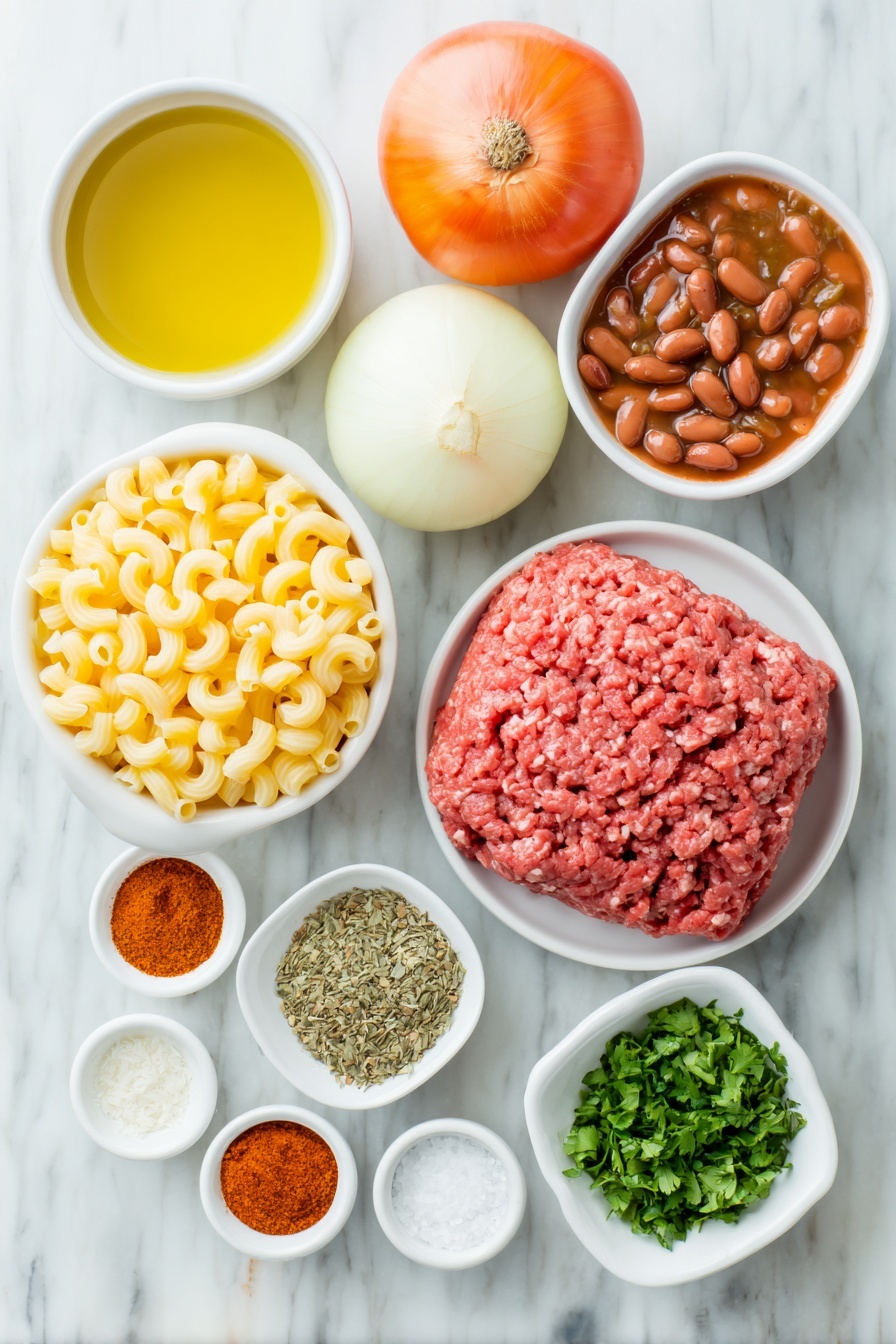 Flat lay of a small white ceramic bowl of golden olive oil, two whole uncracked brown garlic cloves, one whole fresh onion with white and light purple layers visible, one red bell pepper chopped into vibrant pieces, a mound of raw lean ground beef with deep red color, a simple white ceramic bowl filled with bright crushed tomatoes, a small white bowl of glossy red kidney beans drained, a small white bowl holding rich brown beef broth, uncooked elbow macaroni pasta arranged neatly, a small white bowl heaped with shredded yellow and orange cheddar and Monterey Jack cheese blend, a small white bowl with finely chopped fresh green cilantro, another small white bowl containing bright red cayenne pepper powder, a small white bowl of deep orange paprika powder, a small white bowl with warm brown cumin powder, a small white bowl with pale beige onion powder, a small white bowl with dried oregano leaves, a small white bowl of coarse black pepper, and a small white bowl of white salt crystals, all arranged in perfect symmetry placed on a clean white marble surface, soft natural light, photo taken with an iPhone, professional food photography style, fresh ingredients, white ceramic bowls, no bottles, no duplicates, no utensils, no packaging --ar 2:3 --v 7 --p m7354615311229779997 - One-Pot Chili Mac and Cheese, easy chili mac recipe, quick comfort food, cheesy pasta with chili, hearty one-pot dinner