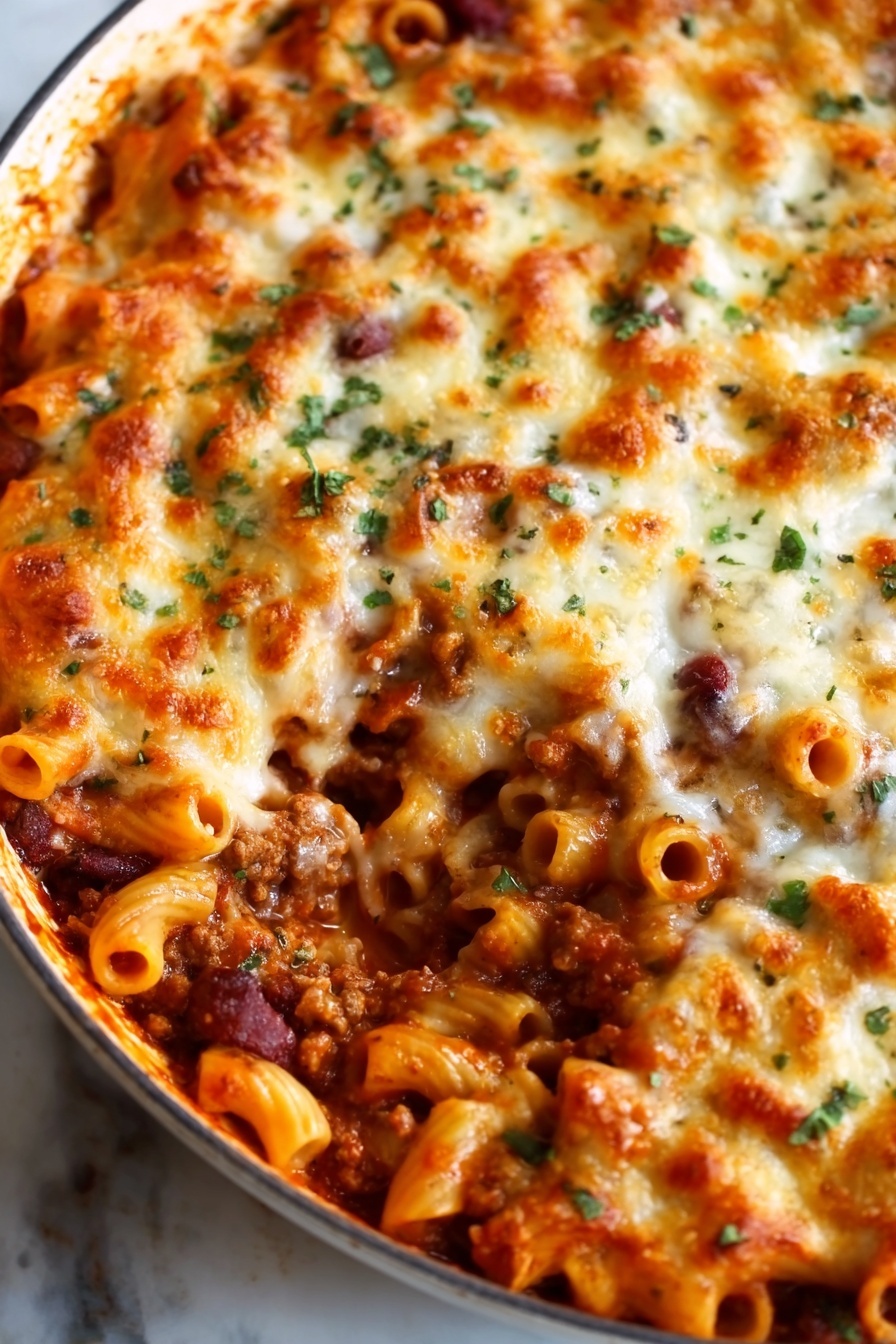 The image shows a close-up of a round white pan filled with baked pasta. The dish has a top layer of melted golden cheese with some browned spots, sprinkled with green herbs. Underneath, tubes of reddish pasta are visible inside a thick red sauce with bits of meat. The cheese melts over the pasta, creating a bubbly and inviting texture. The pan is placed on a white marbled surface. photo taken with an iphone --ar 2:3 --v 7 - One-Pot Chili Mac and Cheese, easy chili mac recipe, quick comfort food, cheesy pasta with chili, hearty one-pot dinner