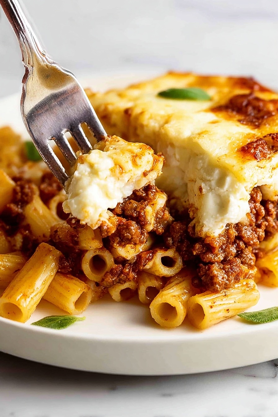 The dish shows a close-up of baked pasta in a white plate on a white marbled surface. It has three visible layers: the bottom layer is small tube pasta in light yellow color, the middle layer is ground meat sauce in dark brown with a slightly chunky texture, and the top layer is melted white cheese with a smooth and shiny surface. A knife and a fork held by a woman's hand are cutting into the dish from the top, lifting a portion that reveals the layers clearly. There are small green leaves for garnish around the edges. Photo taken with an iphone --ar 2:3 --v 7 - Greek Pastitsio Meat Sauce, Greek Pastitsio, Pastitsio with Meat Sauce, Greek Casserole Recipe, Béchamel Pasta Bake
