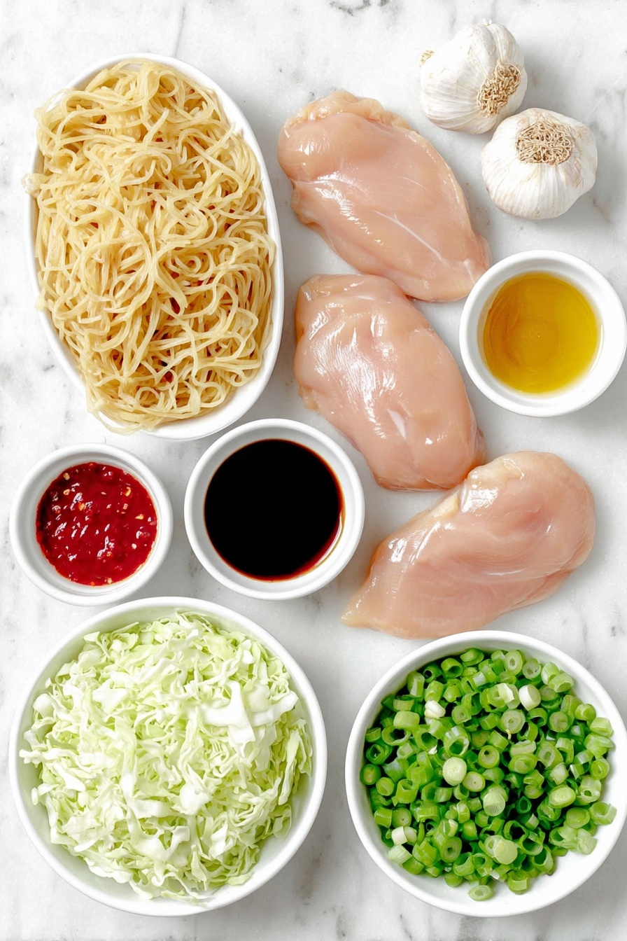 Flat lay of fresh raw chicken breasts neatly arranged, a bundle of uncooked linguine pasta, two whole uncracked brown garlic bulbs with some cloves peeled, a small white ceramic bowl of creamy peanut butter, a small white bowl filled with deep red wine vinegar, a small white bowl containing glossy amber sesame oil, a small white bowl of dark soy sauce, a small white bowl with bright red hot chili oil, a small white bowl with golden honey, a small white bowl with light pale vegetable oil, a small white bowl of clear water, a small white ceramic bowl heaped with shredded fresh red cabbage, and a small pile of thinly sliced bright green scallions, all ingredients displayed with perfect symmetry and natural freshness, placed on a clean white marble surface, soft natural light, photo taken with an iPhone, professional food photography style, fresh ingredients, white ceramic bowls, no bottles, no duplicates, no utensils, no packaging --ar 2:3 --v 7 --p m7354615311229779997 - Thai Peanut Noodles with Chicken, Thai Peanut Noodles, Chicken Pad Thai, Easy Thai Noodle Recipe, Quick Chicken Noodles