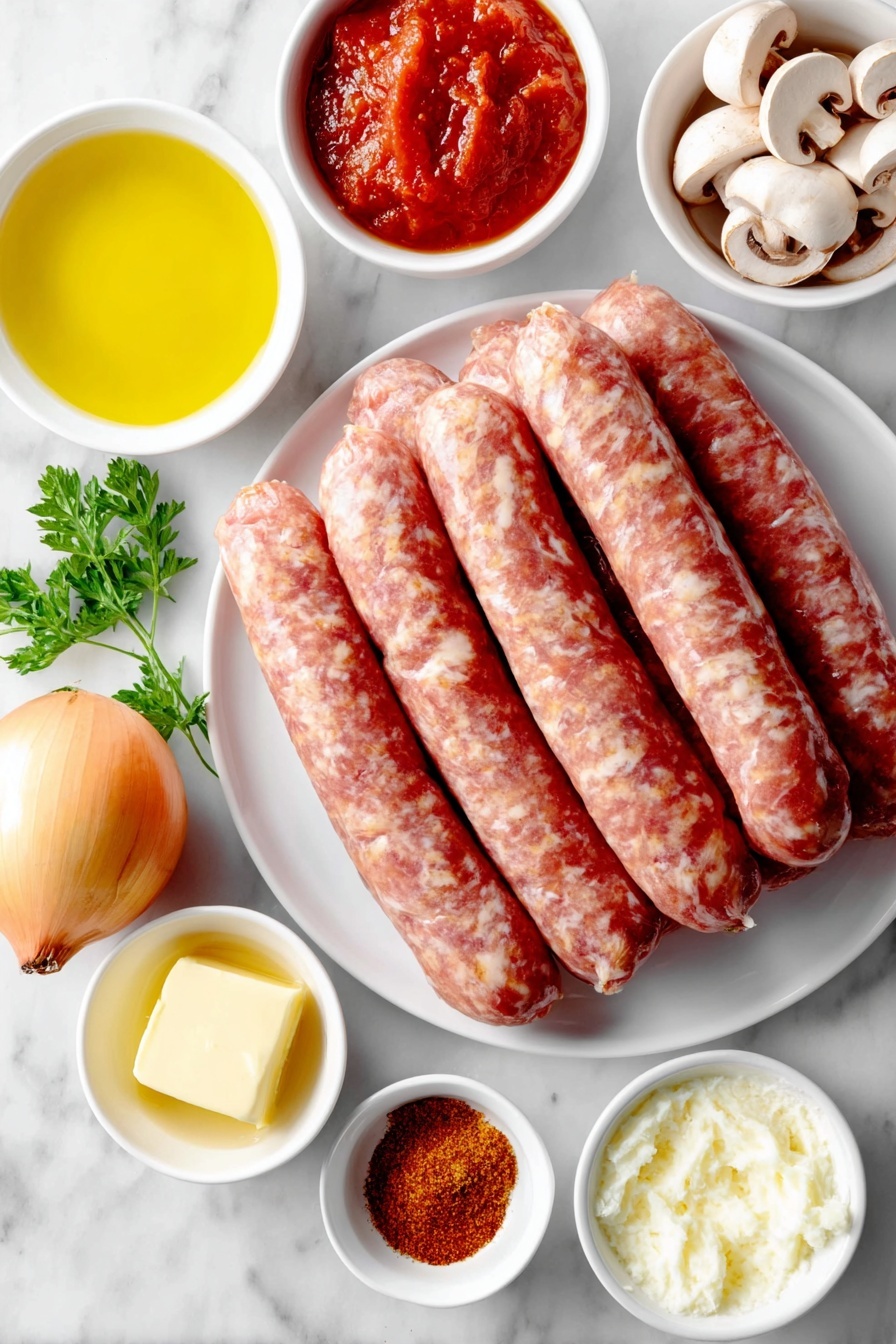 Flat lay of eight thick raw pork sausages arranged neatly, a small white ceramic bowl of golden olive oil, a pat of pale yellow butter on a simple white plate, one whole peeled onion with smooth dry skin, two whole garlic cloves with their papery skins intact, a small white ceramic bowl filled with sliced fresh chestnut mushrooms, a small white bowl holding vibrant red tomato puree, a small white bowl with smooth pale yellow Dijon mustard, a small white bowl containing rich reddish-brown smoked paprika powder, a small white bowl of clear golden chicken stock, a small white bowl of creamy white creme fraiche, and a few sprigs of bright green chopped parsley scattered artfully on a white ceramic plate, all placed on a clean white marble surface, soft natural light, photo taken with an iPhone, professional food photography style, fresh ingredients, white ceramic bowls, no bottles, no duplicates, no utensils, no packaging --ar 2:3 --v 7 --p m7354615311229779997 - Creamy Sausage Stroganoff, sausage stroganoff, quick hearty dinner, easy stroganoff recipe, comforting weeknight meal