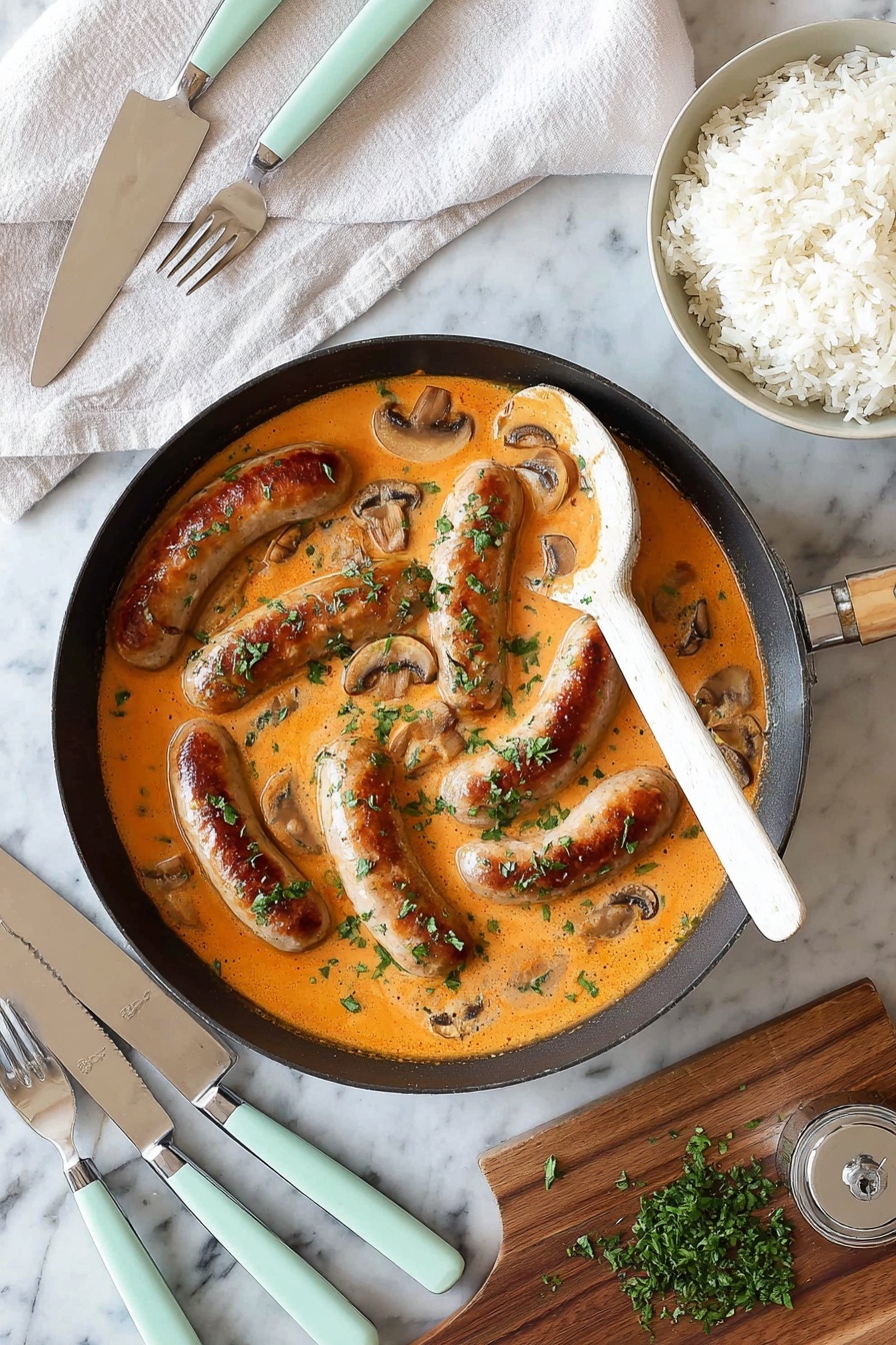A black frying pan filled with eight lightly browned sausages cooking in a thick orange creamy sauce with slices of light brown mushrooms, sprinkled with chopped green herbs on top. A white wooden spoon rests inside the pan on the sauce. To the right, a white bowl is full of fluffy white rice. Below the pan on a wooden board are chopped green herbs and a curved silver herb chopper with wooden handles. On the left side, there is a white cloth with two silver forks and a silver spoon on it next to two pastel-colored knives with white and turquoise handles. All items are set on a white marbled surface. photo taken with an iphone --ar 2:3 --v 7 - Creamy Sausage Stroganoff, sausage stroganoff, quick hearty dinner, easy stroganoff recipe, comforting weeknight meal
