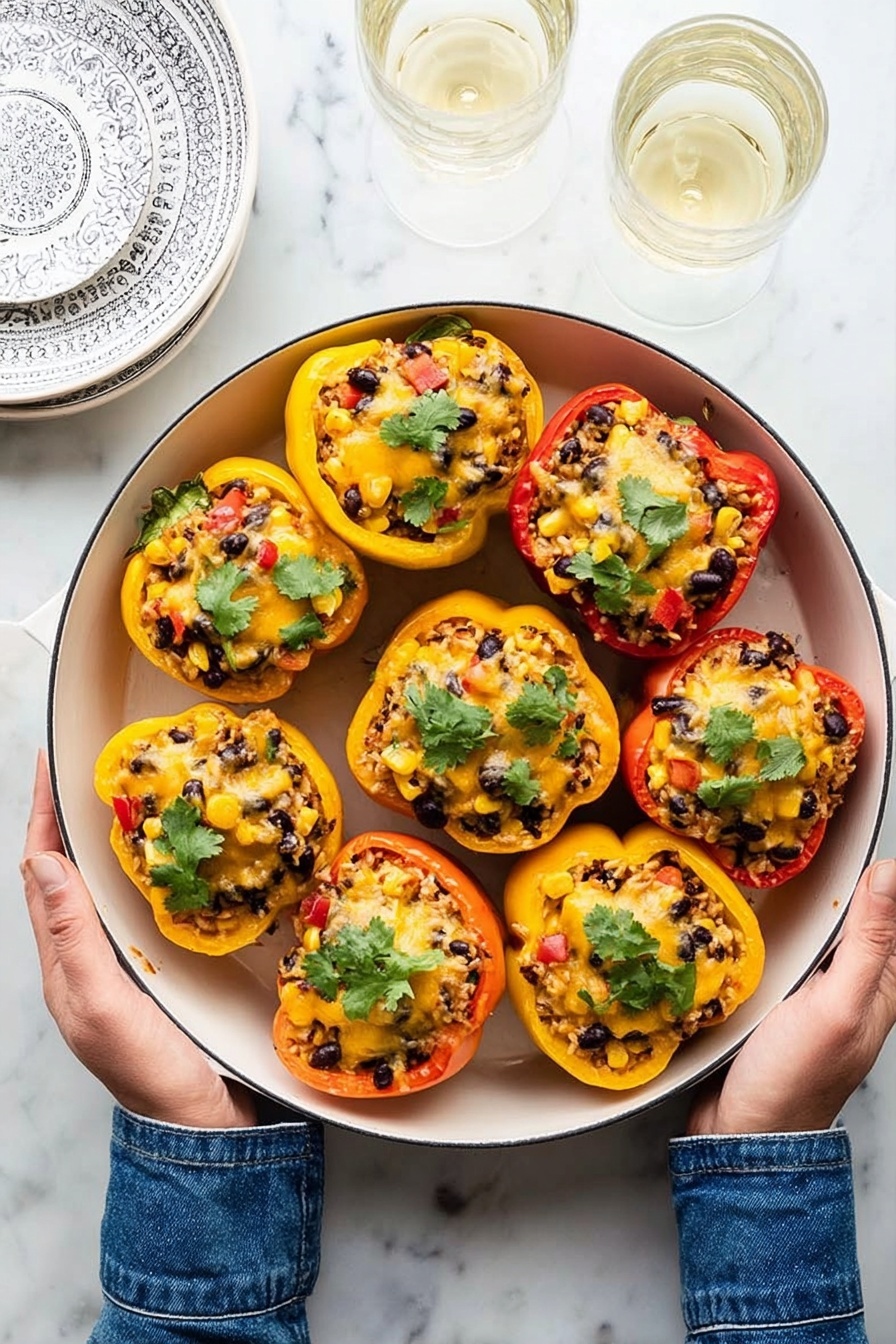 A white round pan is filled with nine stuffed bell pepper halves arranged in three rows, featuring vibrant yellow, orange, and red colors. Each pepper is filled with a mixture of brown rice or quinoa, black beans, corn, small pieces of red and yellow bell pepper, topped with melted yellow cheese and fresh green cilantro leaves. The peppers have a slightly shiny baked texture on top, showing a mix of soft melted cheese and cooked filling. Two woman’s hands hold the pan handles on each side, with one wearing a blue denim long-sleeve shirt. The background surface is white marble, with white patterned plates and two glasses of white wine nearby. photo taken with an iphone --ar 2:3 --v 7 - Mexican Stuffed Bell Peppers, stuffed bell peppers recipe, Mexican stuffed peppers, healthy stuffed peppers, savory stuffed peppers