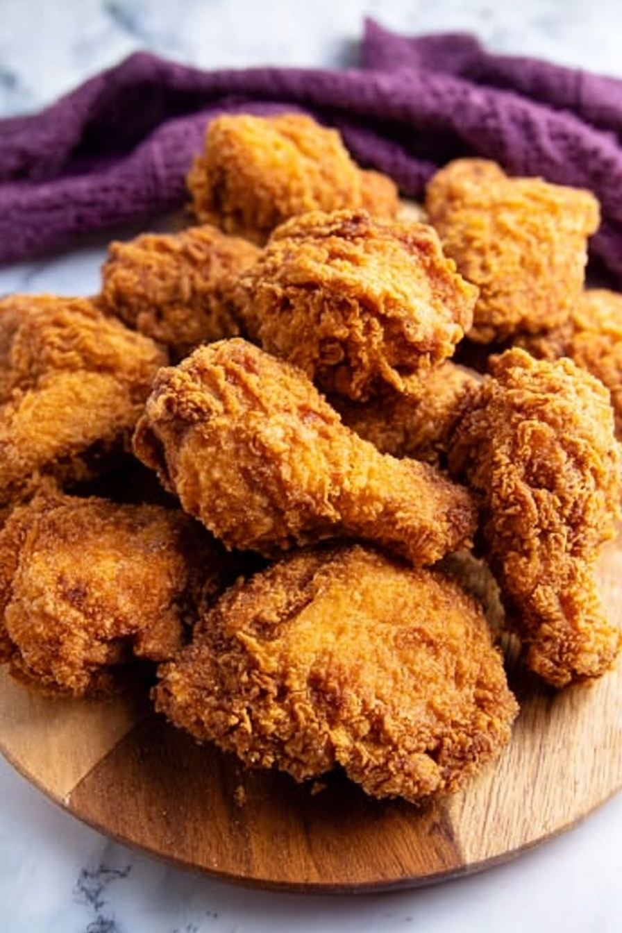 A wooden board holds a pile of golden brown fried chicken pieces, each with a crispy, rough texture. The pieces vary in size and shape, layered closely together, showing crunchy, well-fried coating. The background is a white marbled surface with a purple cloth partially visible in the upper part of the image. The lighting highlights the crunch and color of the chicken, making it look hot and fresh. photo taken with an iphone --ar 2:3 --v 7 - Southern Crispy Fried Chicken, crispy fried chicken recipe, Southern fried chicken, homemade fried chicken, crunchy fried chicken