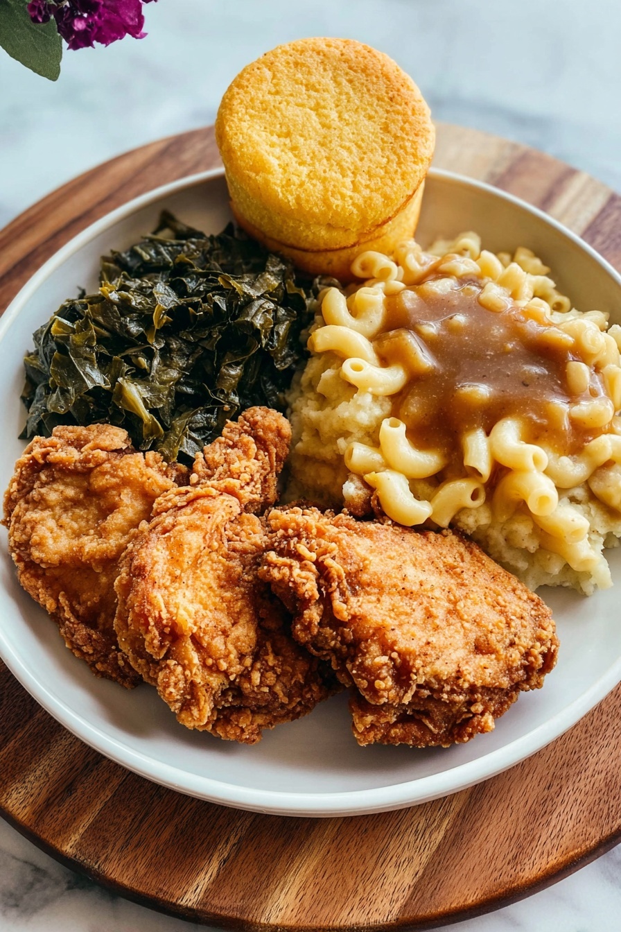 A round white plate holds a full meal with five main parts arranged in a circle. At the front are two pieces of fried chicken with a crispy golden brown crust and rough texture. To the left, dark green cooked leafy vegetables sit compactly. In the middle, creamy macaroni and cheese with soft, curly pasta coated in melted cheese is placed next to the greens. At the top, a round, golden yellow cornbread muffin with a slightly cracked top sits upright, leaning a little backward. To the right, mashed potatoes topped with thick brown gravy form a soft, lumpy pile. The plate is set on a round wooden board, with a white marbled surface around it. photo taken with an iphone --ar 2:3 --v 7 - Southern Crispy Fried Chicken, crispy fried chicken recipe, Southern fried chicken, homemade fried chicken, crunchy fried chicken