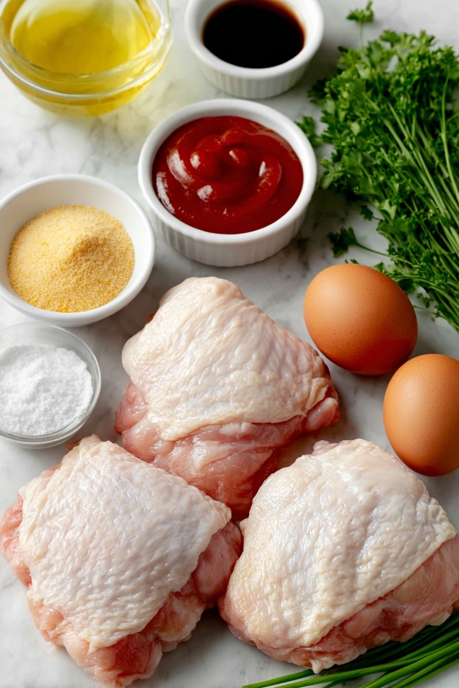 Flat lay of fresh bone-in chicken thighs with skin on, two brown eggs (whole and uncracked), a small white ceramic bowl of bright red ketchup, a small white bowl of clear apple cider vinegar, a small white bowl of dark Worcestershire sauce, a small white bowl filled with golden brown sugar, a small white bowl of pale yellow mustard powder, a small white bowl with finely ground onion powder, a small white bowl of coarse sea salt, a small white bowl with cracked black pepper, a small white bowl of clear water, and a small bunch of fresh green parsley and chives arranged neatly, all placed on a clean white marble surface, soft natural light, photo taken with an iPhone, professional food photography style, fresh ingredients, white ceramic bowls, no bottles, no duplicates, no utensils, no packaging --ar 2:3 --v 7 --p m7354615311229779997 - Oven BBQ Chicken with Homemade Sauce, BBQ chicken baked in oven, easy oven baked BBQ chicken, tender oven BBQ chicken recipe, homemade BBQ sauce chicken
