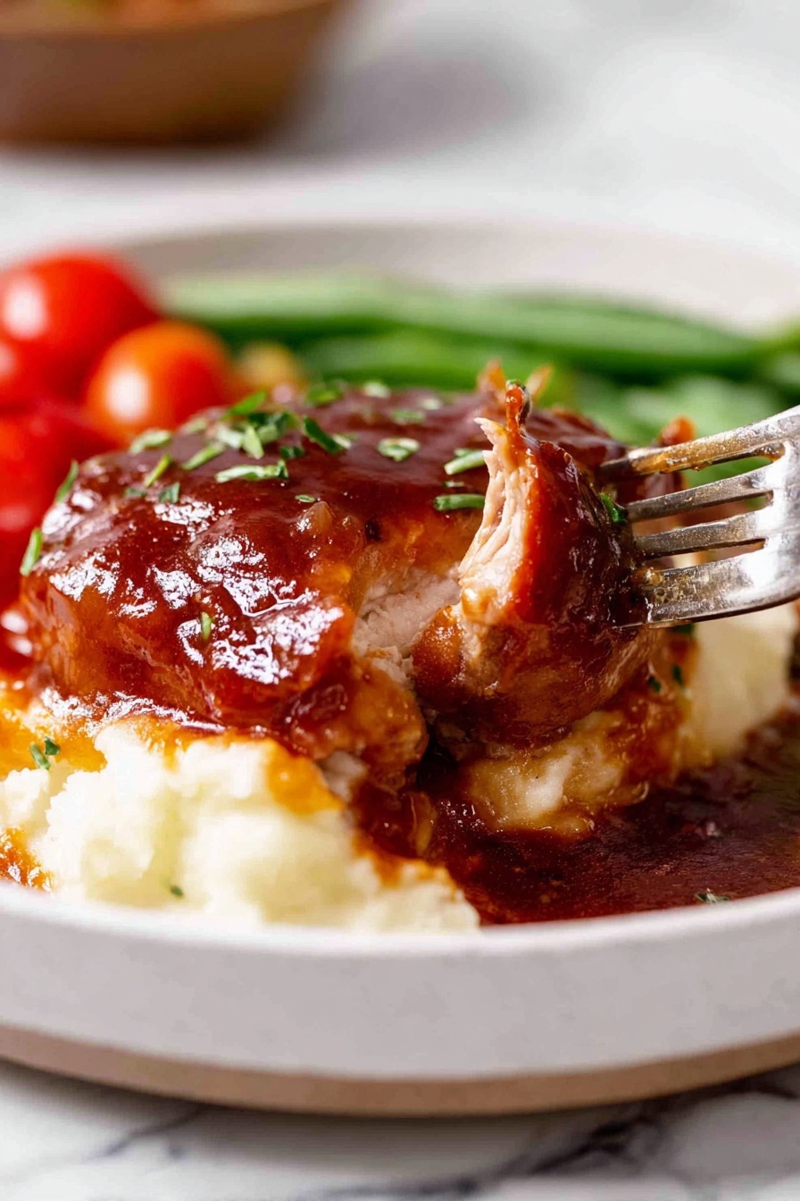 A white plate filled with three layers: the bottom layer is creamy mashed potatoes with a smooth texture, the middle layer is a thick piece of cooked meat topped with a shiny reddish-brown sauce, and the top layer has small green herb pieces sprinkled over the sauce. On the side of the plate, there are blurred cherry tomatoes and green beans adding red and green colors in the background. A fork is holding a piece of the meat, lifting it slightly from the plate. The dish is set on a white marbled surface. Photo taken with an iphone --ar 2:3 --v 7 - Oven BBQ Chicken with Homemade Sauce, BBQ chicken baked in oven, easy oven baked BBQ chicken, tender oven BBQ chicken recipe, homemade BBQ sauce chicken