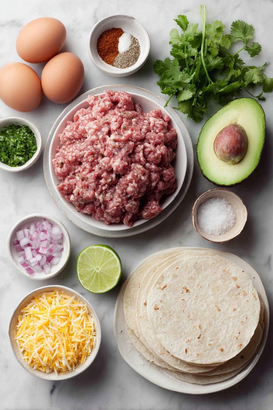 Flat lay of seasoned raw ground beef in a small white ceramic bowl, a small white bowl of ground cumin powder, a small white bowl of smoked paprika, a small white bowl of garlic powder, a small white bowl of chili powder, two uncracked brown eggs, a small white bowl of salt, a small white bowl of freshly cracked black pepper, a small white bowl with quartered cherry tomatoes, half of a sweet onion diced on a simple white plate, a small pile of chopped cilantro leaves on a white dish, half a lime cut and placed on a white plate, a whole ripe avocado sliced open showing its pit, a neat stack of warm corn tortillas on a white ceramic plate, a small mound of sharp white cheddar cheese freshly grated on a white plate, a small serving of quick pickled onions in a white bowl, fresh cilantro sprigs arranged artfully on white ceramic, all ingredients fresh and natural, arranged symmetrically and in balanced proportion, placed on a clean white marble surface, soft natural light, photo taken with an iPhone, professional food photography style, fresh ingredients, white ceramic bowls, no bottles, no duplicates, no utensils, no packaging --ar 2:3 --v 7 --p m7354615311229779997 - Quick Ground Beef Tacos, ground beef taco recipe, easy weeknight tacos, quick dinner ideas, flavorful taco dinner