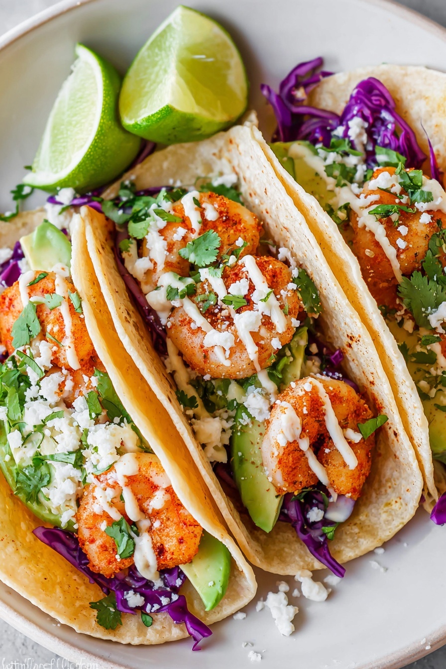 Three soft, slightly toasted corn tortillas stand next to each other on a white plate with a white marbled background. Each tortilla is folded and filled with bright orange shrimp, followed by fresh green avocado slices and purple cabbage shreds at the bottom for a crunchy texture. On top, a sprinkling of white crumbly cheese adds a light texture, while thin streaks of creamy white sauce are drizzled over the shrimp. Small green cilantro leaves are scattered around and inside for a fresh touch, and two lime wedges with a light green color sit behind the tacos, adding a fresh twist. photo taken with an iphone --ar 2:3 --v 7 - Shrimp Taco with Cilantro Lime Sauce, shrimp taco recipe, cilantro lime shrimp tacos, easy shrimp tacos, quick seafood tacos
