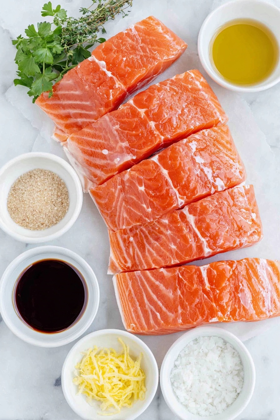 Flat lay of six fresh raw salmon fillets with vibrant orange-pink flesh and silver skin edges, a small white bowl filled with golden olive oil, a small white bowl holding coarse light brown sugar crystals, a small white bowl containing dark amber soy sauce, a small white bowl with bright yellow lemon zest strands, a small white bowl of pale creamy Dijon mustard, a small white bowl with fresh bright green parsley leaves, a small white bowl with fresh green thyme leaves, a small white bowl of white salt crystals, a small white bowl with freshly ground black pepper, a small white bowl with minced fresh garlic placed on a clean white marble surface, soft natural light, photo taken with an iPhone, professional food photography style, fresh ingredients, white ceramic bowls, no bottles, no duplicates, no utensils, no packaging --ar 2:3 --v 7 --p m7354615311229779997 - Grilled Salmon with Citrus Marinade, citrus salmon marinade, healthy grilled salmon, easy salmon recipe, flavorful fish dishes