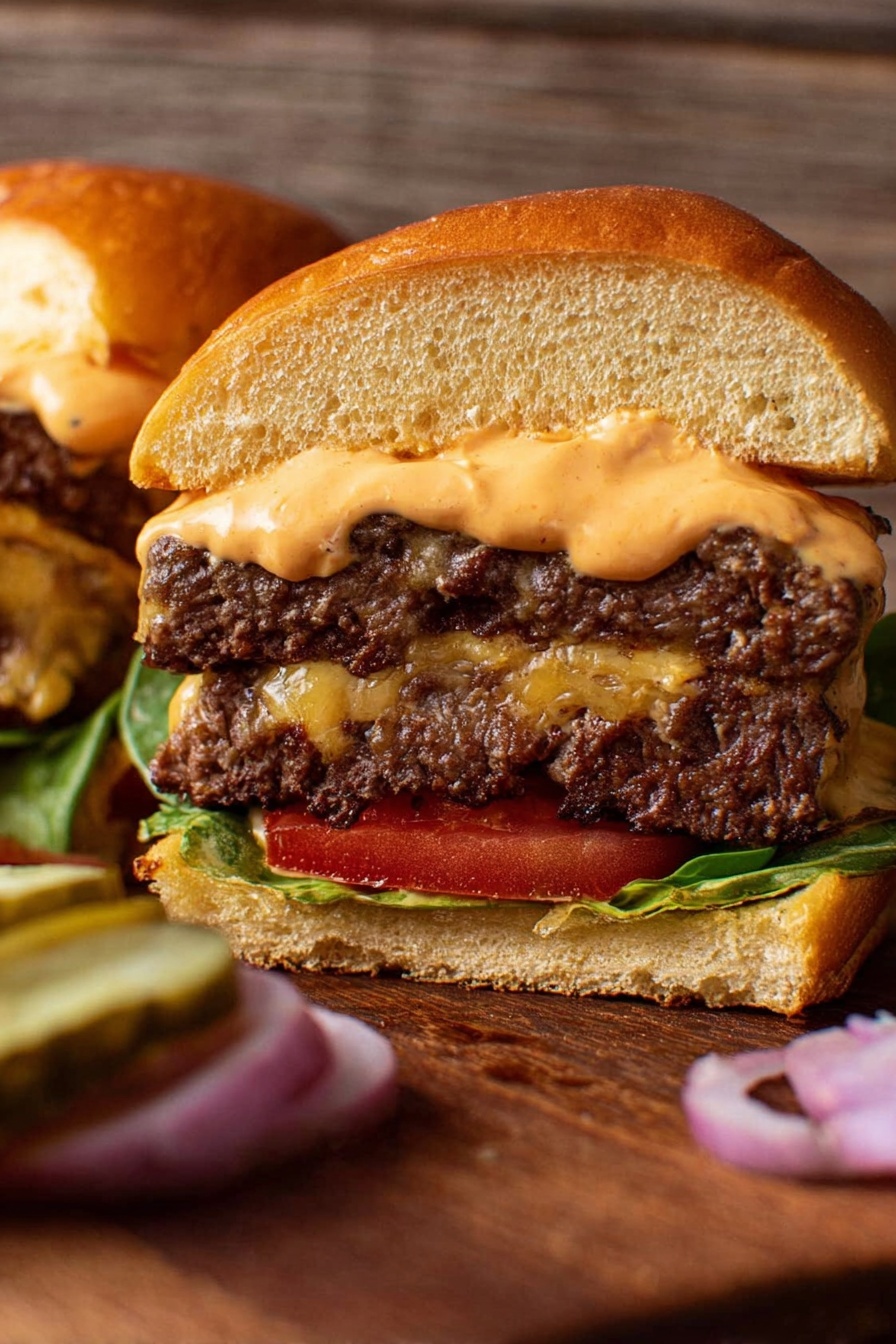 A close-up photo of a burger cut in half showing three layers: the top layer is a soft golden-brown bun with a thick spread of creamy orange sauce that looks smooth and rich; below it are two thick, brown beef patties stacked with a small slice of melted cheese between them; under the patties is a bright red tomato slice resting on a green leaf, placed on the bottom soft golden-brown bun. The burger is set on a wooden board with a few pickle slices and some red onion rings blurred in the foreground. The background shows a wooden surface. Photo taken with an iphone --ar 2:3 --v 7 - Ultimate Cheeseburger, cheeseburger recipe, juicy cheeseburgers, easy cheeseburger ideas, perfect cheeseburger