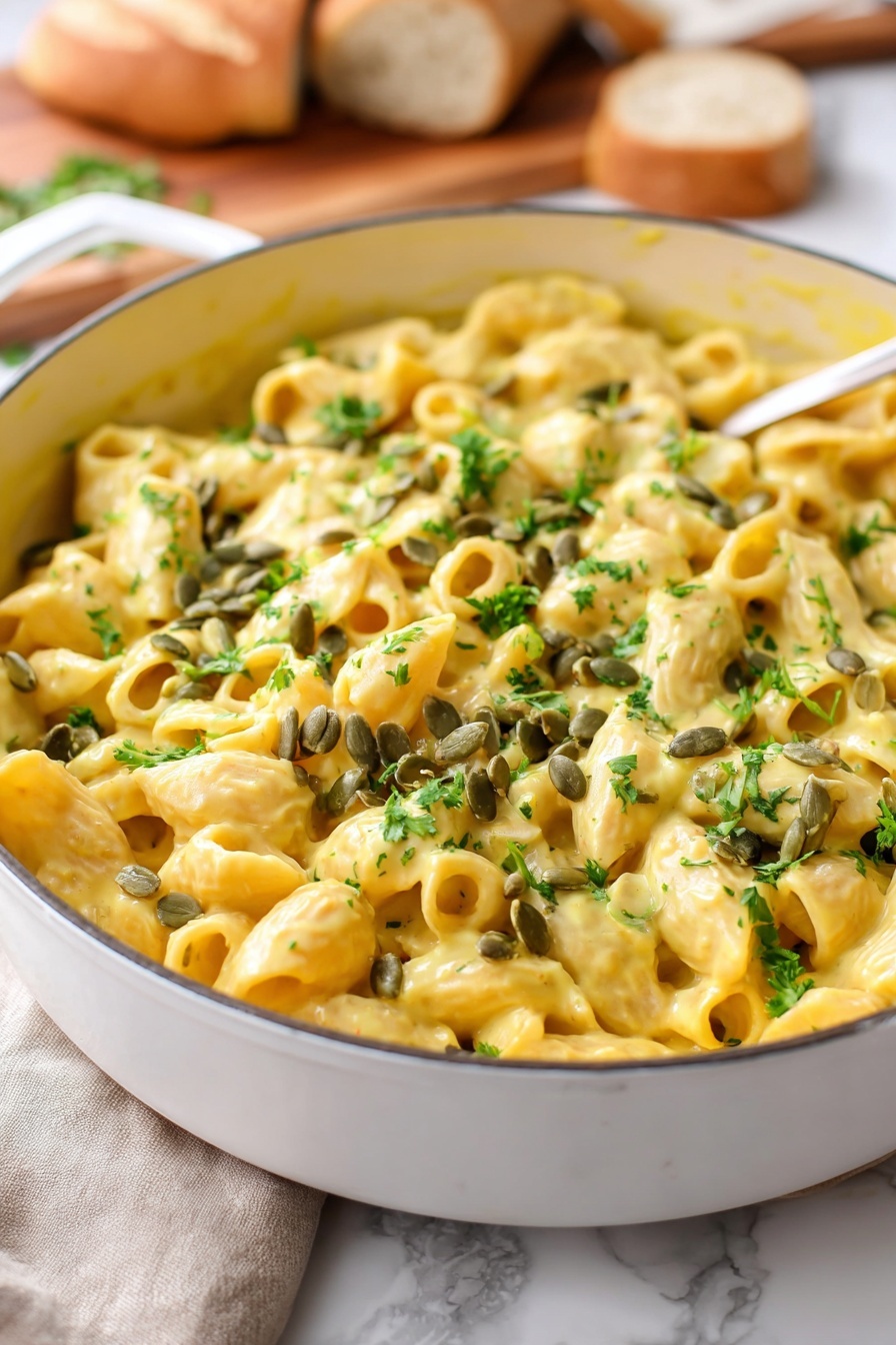 The image shows a white pan filled with creamy macaroni pasta coated in a pale yellow sauce. The pasta is topped with green pumpkin seeds and finely chopped fresh parsley, adding small splashes of green color. The pan is set on a white marbled surface with a beige cloth nearby, and there is blurred bread on a wooden board in the background. photo taken with an iphone --ar 2:3 --v 7 - Creamy Pumpkin Pasta, Pumpkin Pasta Recipe, Easy Pumpkin Pasta, Fall Pasta Dishes, Comfort Food Pasta