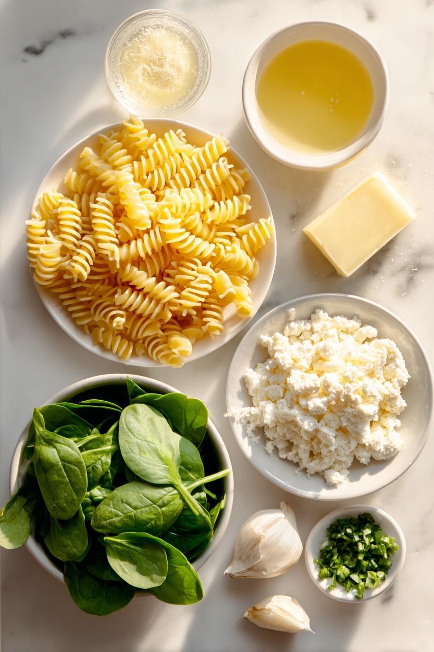 Flat lay of dry uncooked farfalle pasta arranged in a neat pile, a small mound of crumbled creamy goat cheese, a small white bowl filled with freshly grated pale yellow parmesan cheese, a small white bowl with clear fresh lemon juice, a pat of golden butter on a simple white ceramic plate, a single peeled garlic clove finely minced shown in a small white bowl, a packed bunch of vibrant fresh baby spinach leaves, and a small handful of bright green chopped fresh basil leaves in a white ceramic bowl, all placed on a clean white marble surface, soft natural light, photo taken with an iPhone, professional food photography style, fresh ingredients, white ceramic bowls, no bottles, no duplicates, no utensils, no packaging --ar 2:3 --v 7 --p m7354615311229779997 - Creamy Spinach Goat Cheese Pasta, spinach goat cheese pasta, creamy pasta with goat cheese, easy spinach goat cheese pasta, quick cheesy pasta with spinach