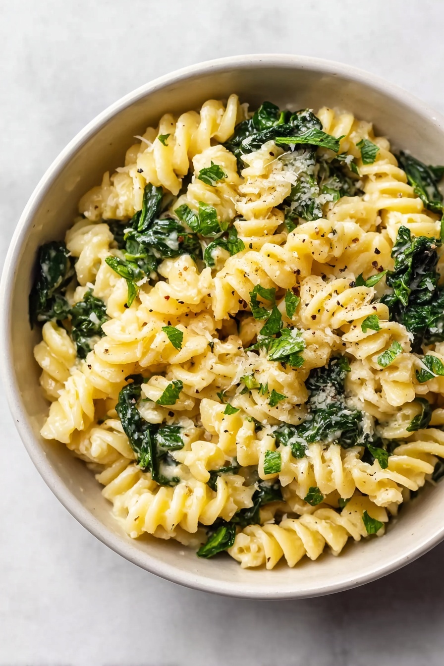 A white bowl filled with creamy spiral pasta mixed with dark green leafy spinach. The spirals are light yellow and soft-looking, coated evenly with a pale, creamy sauce. Small green herb pieces and a sprinkle of grated white cheese are scattered on top, with tiny black pepper flakes adding texture. The bowl sits on a white marbled surface, and the photo captures the fresh and simple look of the dish. photo taken with an iphone --ar 2:3 --v 7 - Creamy Spinach Goat Cheese Pasta, spinach goat cheese pasta, creamy pasta with goat cheese, easy spinach goat cheese pasta, quick cheesy pasta with spinach