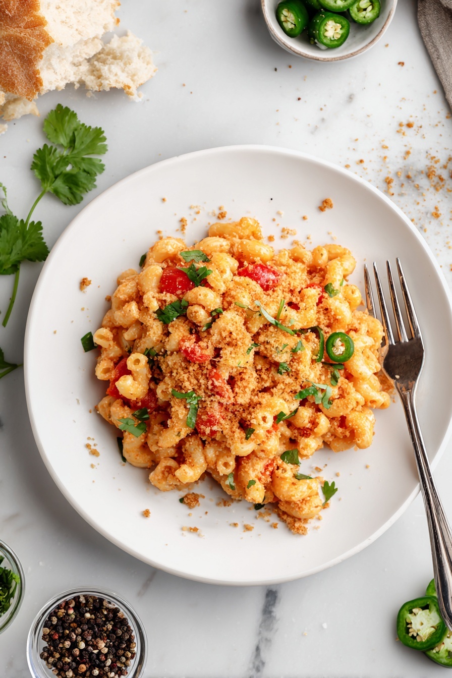 A white round plate holds a dish with three main layers: the bottom layer is creamy orange pasta spirals mixed evenly with small chunks of red tomatoes and pieces of green jalapeño slices, the middle layer is a light brown crumbly topping sprinkled all over, and the top layer has a few green cilantro leaves scattered around for color. A silver fork is placed on the right side of the plate, digging slightly into the pasta. The plate sits on a white marbled surface with some loose black pepper, a piece of torn bread at the top left, and small bowls containing black pepper, jalapeño slices, and green leaves scattered around. photo taken with an iphone --ar 2:3 --v 7 - Chorizo Mac and Cheese, spicy chorizo pasta, cheesy pasta recipe, smoky chorizo dish, comforting mac and cheese