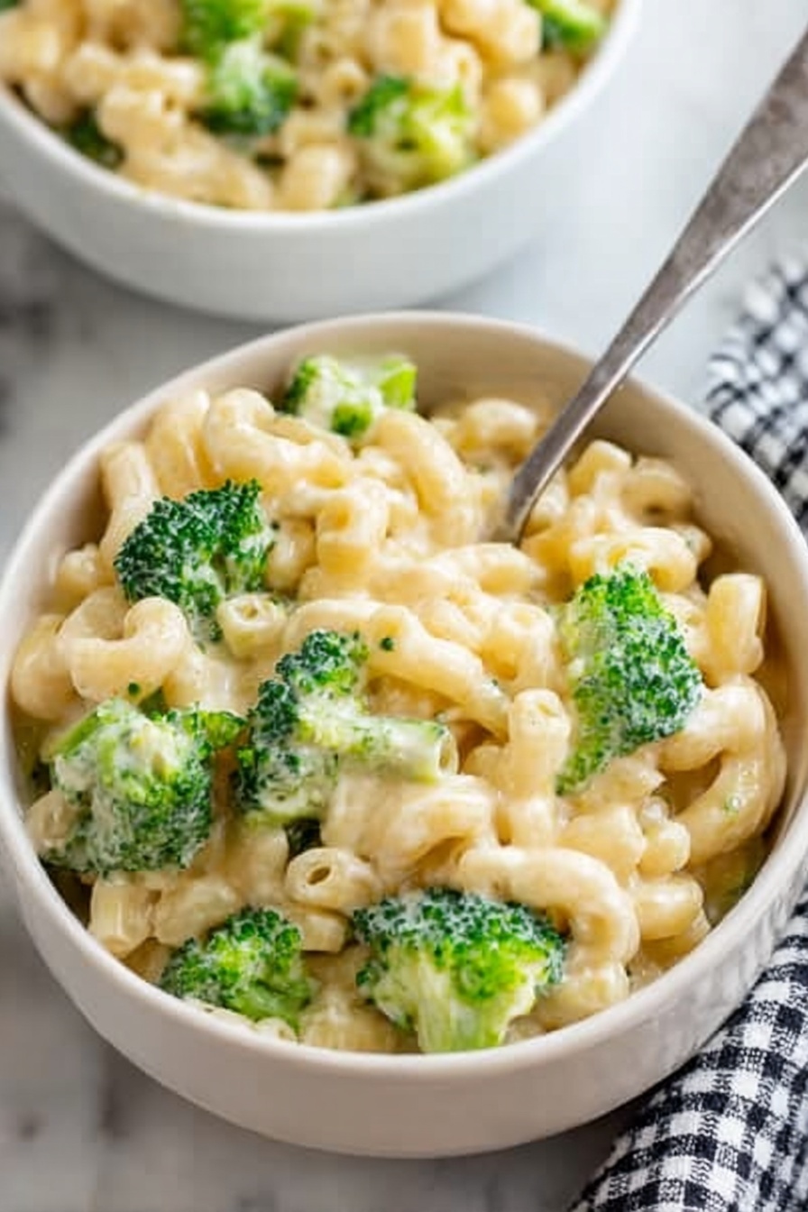 A close-up image shows a white bowl filled with macaroni pasta mixed with bright green broccoli pieces. The macaroni is covered in creamy, light-colored cheese sauce, giving it a smooth texture with some gloss. A metal spoon is partially inside the bowl, holding some pasta and broccoli. In the background, part of another white bowl with the same dish is visible. The bowls are placed on a white marbled surface with a checkered cloth nearby. Photo taken with an iphone --ar 2:3 --v 7 - Broccoli Mac and Cheese, healthy broccoli mac and cheese, cheesy broccoli pasta, quick broccoli mac and cheese, family favorite mac and cheese
