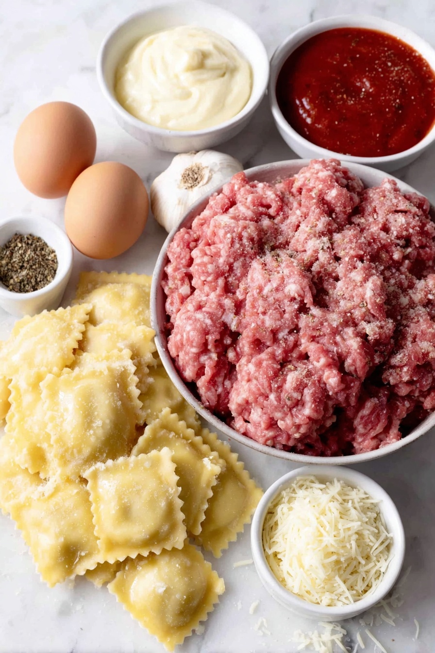 Flat lay of raw ground beef shaped loosely in a pile, a small diced yellow onion in a neat heap, three whole uncracked garlic cloves, a mound of uncooked square ravioli pasta with ruffled edges, a small white ceramic bowl filled with bright red marinara sauce, another small white bowl containing creamy half and half, a small white bowl with finely shredded mozzarella cheese, a tiny white bowl holding reddish-brown Worcestershire sauce, a tiny white bowl with deep orange hot sauce, a small white bowl containing mixed dried herbs powder (basil, oregano, onion powder, mustard powder) finely ground, and two whole brown eggs with clean shells arranged for seasoning with salt and black peppercorns beside them — all ingredients fresh and natural, perfectly balanced and symmetrical on a clean white marble surface, soft natural light, photo taken with an iPhone, professional food photography style, fresh ingredients, white ceramic bowls, no bottles, no duplicates, no utensils, no packaging --ar 2:3 --v 7 --p m7354615311229779997 - Cheesy Baked Ravioli with Meat Sauce, baked ravioli recipes, cheesy pasta bake, hearty meat sauce pasta, easy baked ravioli dish