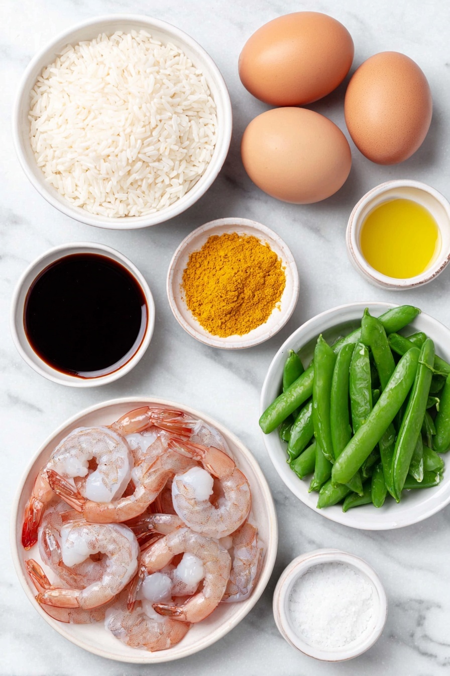 Flat lay of uncooked jasmine rice in a small white ceramic bowl, two whole brown eggs with clean shells, a small white bowl of dark soy sauce, a small white bowl of light soy sauce, a small white bowl of bright yellow turmeric powder, a small white bowl of golden canola oil, a small white bowl of sesame oil, fresh peeled and deveined raw shrimp arranged naturally, a medium yellow onion diced in a small white ceramic dish, bright green chopped snow peas in a small white bowl, a single fresh green scallion chopped on a white ceramic plate, a small white bowl of Shaoxing wine, and a pinch of white granulated sugar and salt in separate tiny white bowls, all ingredients fresh and natural, perfectly balanced and symmetrical, placed on a clean white marble surface, soft natural light, photo taken with an iPhone, professional food photography style, fresh ingredients, white ceramic bowls, no bottles, no duplicates, no utensils, no packaging --ar 2:3 --v 7 --p m7354615311229779997 - Shrimp Fried Rice, easy shrimp fried rice, homemade shrimp fried rice, Chinese-style shrimp fried rice, quick shrimp fried rice