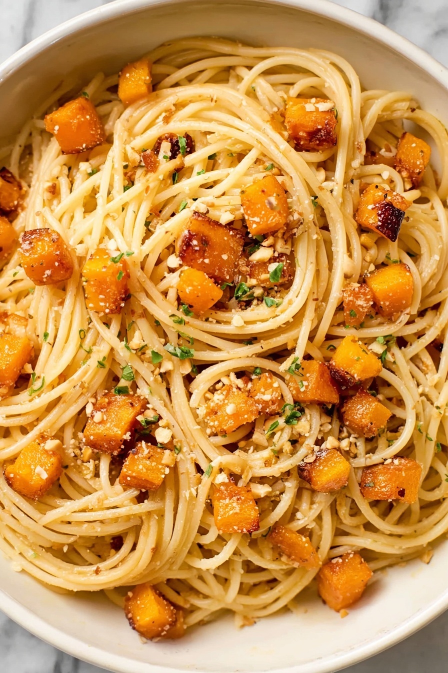 A white bowl filled with long cooked spaghetti noodles twisted loosely in a circle, mixed with cubed roasted orange butternut squash pieces scattered throughout. On top, there is a dollop of soft white ricotta cheese sprinkled lightly with black pepper. Small green sage leaves and some crumbled light-colored nuts are spread over the dish for texture. Two silver forks rest inside the bowl on one side. The bowl sits on a white marbled surface. Photo taken with an iphone --ar 2:3 --v 7 - Butternut Squash Pasta with Sage, healthy butternut squash pasta, easy fall pasta recipes, caramelized squash pasta, sage pasta dishes