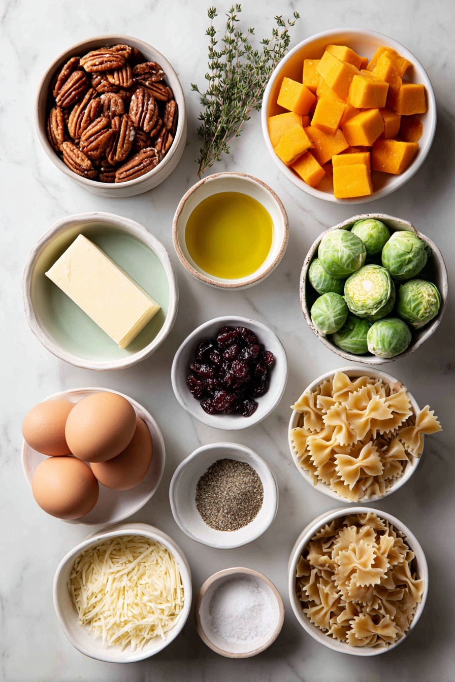 Flat lay of raw pecans in a small white ceramic bowl, a handful of fresh Brussels sprouts trimmed and thinly sliced, roughly cubed bright orange butternut squash pieces in a small white bowl, a small white bowl with golden extra-virgin olive oil, a small white bowl containing a stick of unsalted butter, whole uncracked brown eggs with smooth clean shells, a few sprigs of fresh thyme, a small white bowl with dried dark red cherries, small white bowl with freshly squeezed pale yellow lemon juice, a small white bowl with freshly grated Parmesan cheese, a cluster of uncooked whole wheat penne pasta, a small white bowl holding kosher salt crystals, and a small white bowl with ground black pepper, all arranged symmetrically and balanced, placed on a clean white marble surface, soft natural light, photo taken with an iPhone, professional food photography style, fresh ingredients, white ceramic bowls, no bottles, no duplicates, no utensils, no packaging --ar 2:3 --v 7 --p m7354615311229779997 - Brussels Sprouts Pasta with Brown Butter, Brussels Sprouts Pasta, brown butter pasta recipes, fall vegetable pasta, easy weeknight pasta