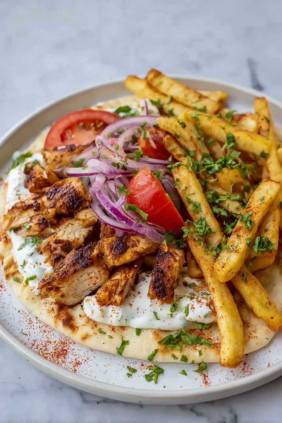 The dish shows a white plate with a flatbread base topped with white creamy sauce, sprinkled with red seasoning. On top of the sauce are sliced red tomatoes and thin purple onion slices. Above these are several pieces of grilled chicken with a brown crispy outside. On one side of the plate near the chicken are thick golden brown fries sprinkled with green chopped herbs. More green chopped herbs are scattered over the chicken and fries. The plate sits on a white marbled surface. photo taken with an iphone --ar 2:3 --v 7 - Chicken Shawarma Wraps, Easy Chicken Shawarma Wraps, Shawarma Wraps with Garlic Yoghurt, Quick Shawarma Dinner, Middle Eastern Chicken Wraps