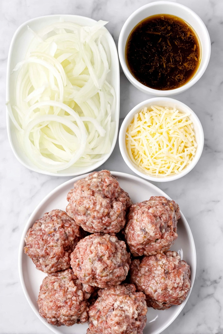 Flat lay of a large peeled yellow onion thinly sliced arranged neatly, a pile of fresh frozen beef meatballs still looking uncooked with natural texture, a small white ceramic bowl filled with rich, dark golden French onion soup, and a small mound of freshly shredded pale yellow gruyere cheese, all placed on simple white ceramic bowls or plates, perfectly balanced and symmetrical, placed on a clean white marble surface, soft natural light, photo taken with an iPhone, professional food photography style, fresh ingredients, white ceramic bowls, no bottles, no duplicates, no utensils, no packaging --ar 2:3 --v 7 --p m7354615311229779997 - French Onion Meatballs, slow cooker meatballs, onion-flavored meatballs, easy slow cooker dinner, hearty family-friendly meal