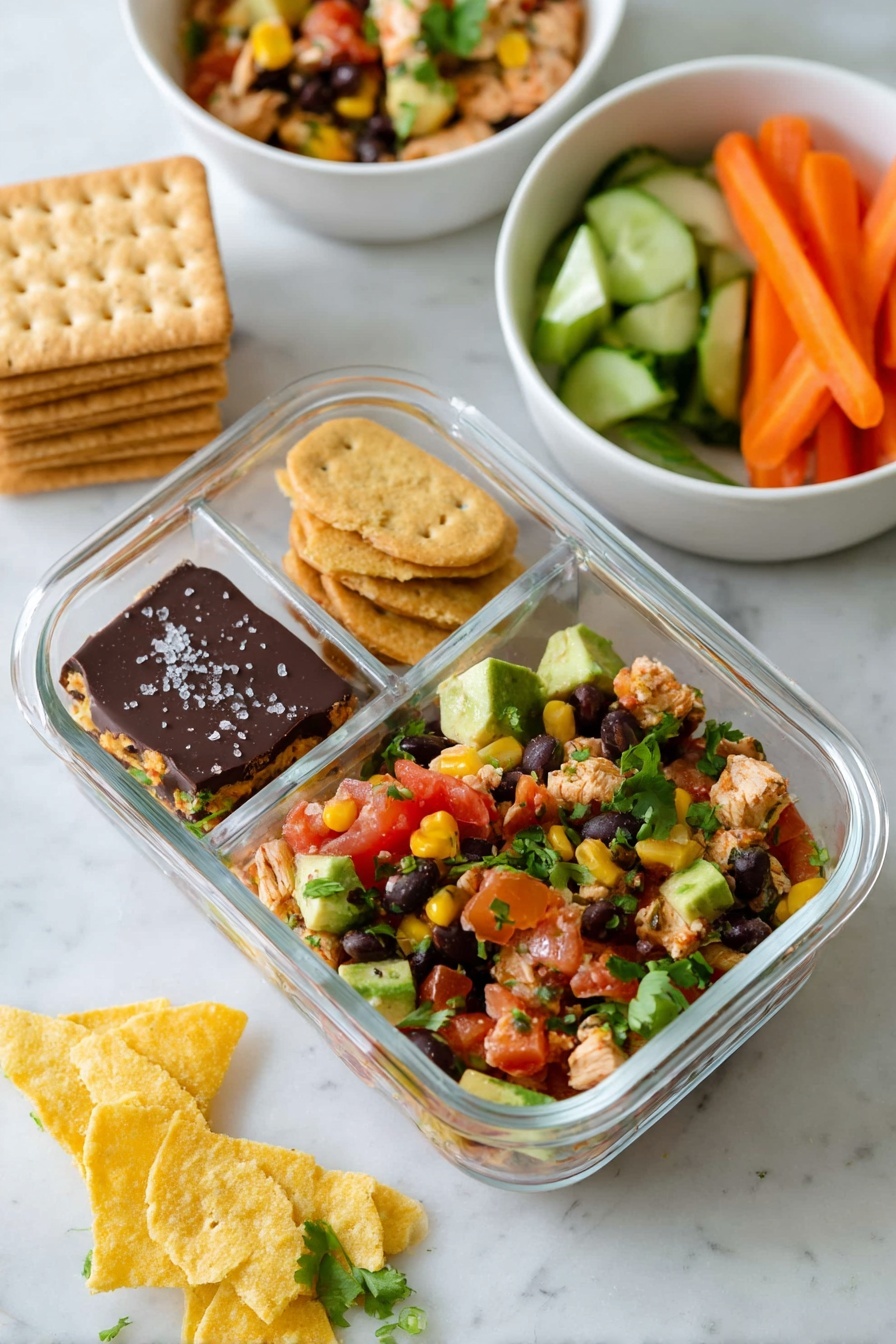 A clear glass divided container sits on a white marbled surface, with the largest section filled with a colorful mix of diced chicken, black beans, corn, tomato, and green herbs, topped with chunks of avocado and cilantro leaves. One smaller side section holds stacked golden brown crackers next to a square piece of chocolate-covered dessert sprinkled with salt. The other smaller side section contains fresh cucumber slices and orange carrot sticks. Nearby, there is a white bowl filled with more of the chicken and bean mix and a small white bowl with extra avocado pieces. Three yellow tortilla chips and some green leafy herbs are scattered around the containers. Photo taken with an iphone --ar 2:3 --v 7 - Southwest Chicken Salad, Mexican chicken salad, healthy chicken salad, easy dinner recipes, high-protein salads