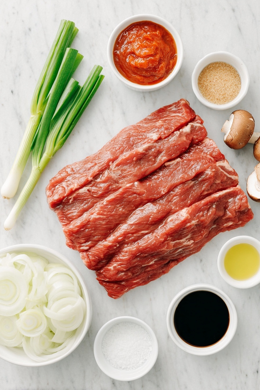 Flat lay of a fresh raw flank steak with rich marbling, a small white ceramic bowl of bright red gochujang paste, a few thinly sliced green onion stalks arranged neatly, a small white bowl of dark soy sauce, a small white bowl of clear rice vinegar, a small white bowl filled with finely minced garlic, a small white bowl of light brown ground ginger powder, a small white bowl of golden sesame oil, a small white bowl of granulated white sugar, two unopened packs of uncooked beef ramen noodles with seasoning packets visible inside clear wrappers, half a fresh white onion thinly sliced, and a handful of freshly sliced brown mushrooms, all placed on a clean white marble surface, soft natural light, photo taken with an iPhone, professional food photography style, fresh ingredients, white ceramic bowls, no bottles, no duplicates, no utensils, no packaging --ar 2:3 --v 7 --p m7354615311229779997 - Spicy Korean Beef Noodles, Korean Beef Noodles, Spicy Noodle Recipe, Korean Beef Stir-Fry, Quick Korean Noodles