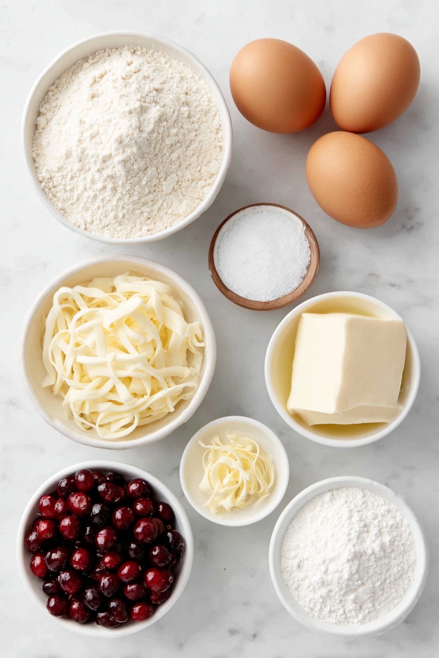 Flat lay of a small mound of all-purpose flour, a teaspoon of baking powder in a small white bowl, a small white bowl with fine salt, a small white bowl filled with milk, bright fresh orange zest curls, a small white bowl with freshly squeezed orange juice, a pat of softened unsalted butter, a heap of granulated sugar, two large whole uncracked brown eggs, a cluster of plump fresh cranberries, a small white bowl of powdered sugar, all arranged symmetrically on a clean white marble surface, soft natural light, photo taken with an iPhone, professional food photography style, fresh ingredients, white ceramic bowls, no bottles, no duplicates, no utensils, no packaging --ar 2:3 --v 7 --p m7354615311229779997 - Cranberry Orange Bread, Cranberry Orange Bread with Glaze, Holiday Cranberry Bread, Easy Cranberry Orange Loaf, Festive Citrus Cranberry Bread