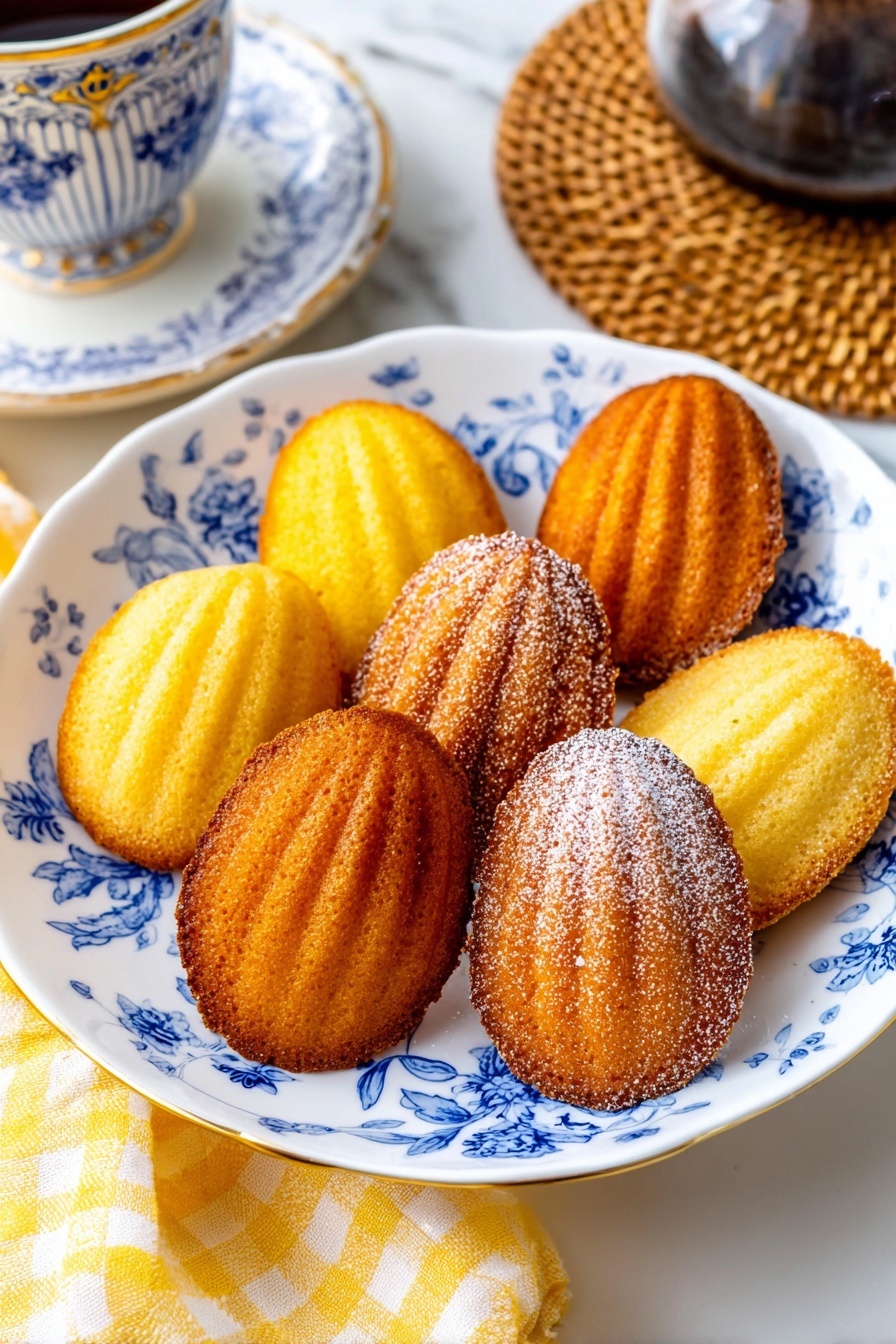 A white plate with blue floral patterns holds nine shell-shaped madeleine cakes arranged closely together in three rows. Five of the madeleines have a golden brown color with a slightly crispy texture and a light dusting of powdered sugar on top. The other four are lighter yellow with a soft and smooth surface. The plate is placed on a white marbled surface, next to a yellow and white checkered cloth. In the background, there is a woven coaster under a glass coffee pot and a part of a white plate with blue patterns is also visible. Photo taken with an iphone --ar 2:3 --v 7 - Lemon Madeleines, French Lemon Madeleines, Lemon Cake Bites, Easy Lemon Pastry, Lemon Patisserie Snacks