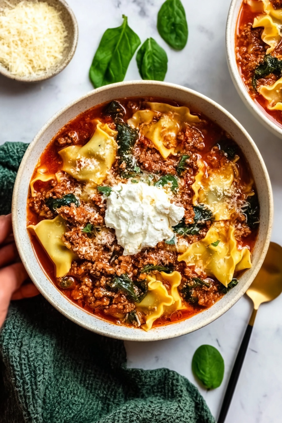 The image shows a round bowl filled with three main layers: the base layer is wide, flat, curly-edged lasagna noodles in a light tan color, partially submerged in red tomato sauce; the middle layer is a thick spread of cooked ground meat, dark brown and crumbly, mixed with bright green spinach leaves; the top layer features melted white cheese blobs scattered unevenly over the meat and sauce. Next to the bowl, on a white marbled surface, there is a small black bowl filled with finely grated pale yellow cheese, a sprig of fresh spinach nearby, and gold-colored fork and spoon resting on a textured cloth. The photo taken with an iphone --ar 2:3 --v 7 - One Pot Lasagna Soup, lasagna soup, easy lasagna soup, hearty Italian soup, one pot pasta dinner