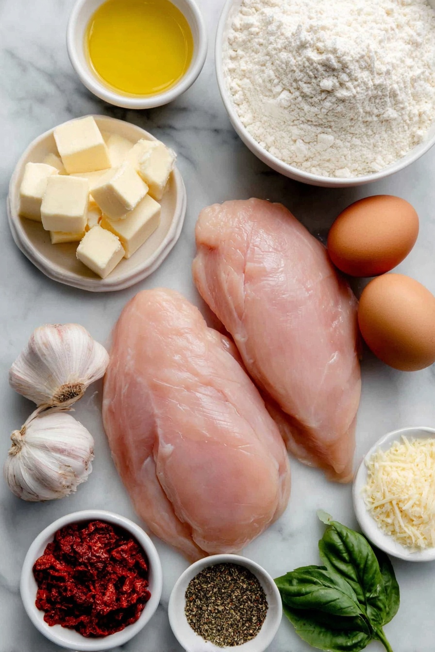 Flat lay of three large boneless skinless chicken breasts sliced lengthwise into thin cutlets, a small mound of all-purpose flour on a simple white ceramic plate, two whole brown eggs with clean shells, three fresh garlic cloves unpeeled, a small white bowl of golden olive oil, a small white bowl of unsalted butter chunks, a small white bowl of pale chicken stock, a small white bowl of heavy cream, a small white bowl filled with grated parmesan cheese, a small white bowl containing bright red chopped sundried tomatoes, a small white bowl of vibrant fresh basil leaves, sprinkled dried chili flakes, dried oregano and dried thyme arranged symmetrically on the white surface, all ingredients fresh and natural, no packaging or utensils, placed on a clean white marble surface, soft natural light, photo taken with an iPhone, professional food photography style, fresh ingredients, white ceramic bowls, no bottles, no duplicates, no utensils, no packaging --ar 2:3 --v 7 --p m7354615311229779997 - Creamy Marry Me Chicken Pasta, easy creamy chicken pasta, romantic chicken pasta, comforting pasta recipes, quick weeknight dinner ideas