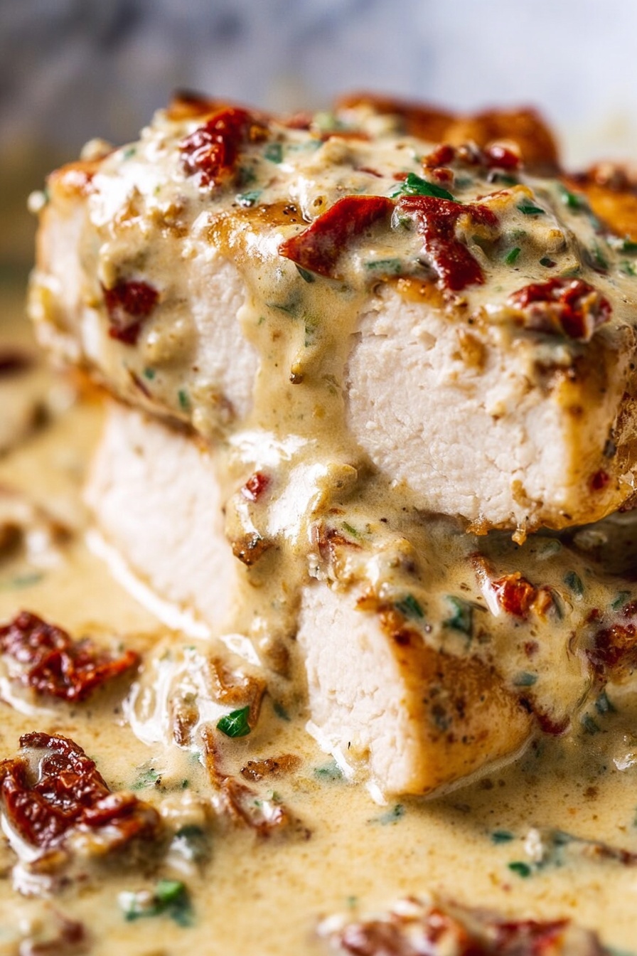 The image shows a close-up of several golden brown cooked chicken pieces covered in a creamy, pale yellow sauce with small chunks of red sun-dried tomatoes and finely chopped green herbs scattered on top. The chicken has a slightly crispy texture from browning and the sauce looks thick and rich, coating each piece evenly. The background is a white marbled texture. photo taken with an iphone --ar 2:3 --v 7 - Creamy Marry Me Chicken Pasta, easy creamy chicken pasta, romantic chicken pasta, comforting pasta recipes, quick weeknight dinner ideas
