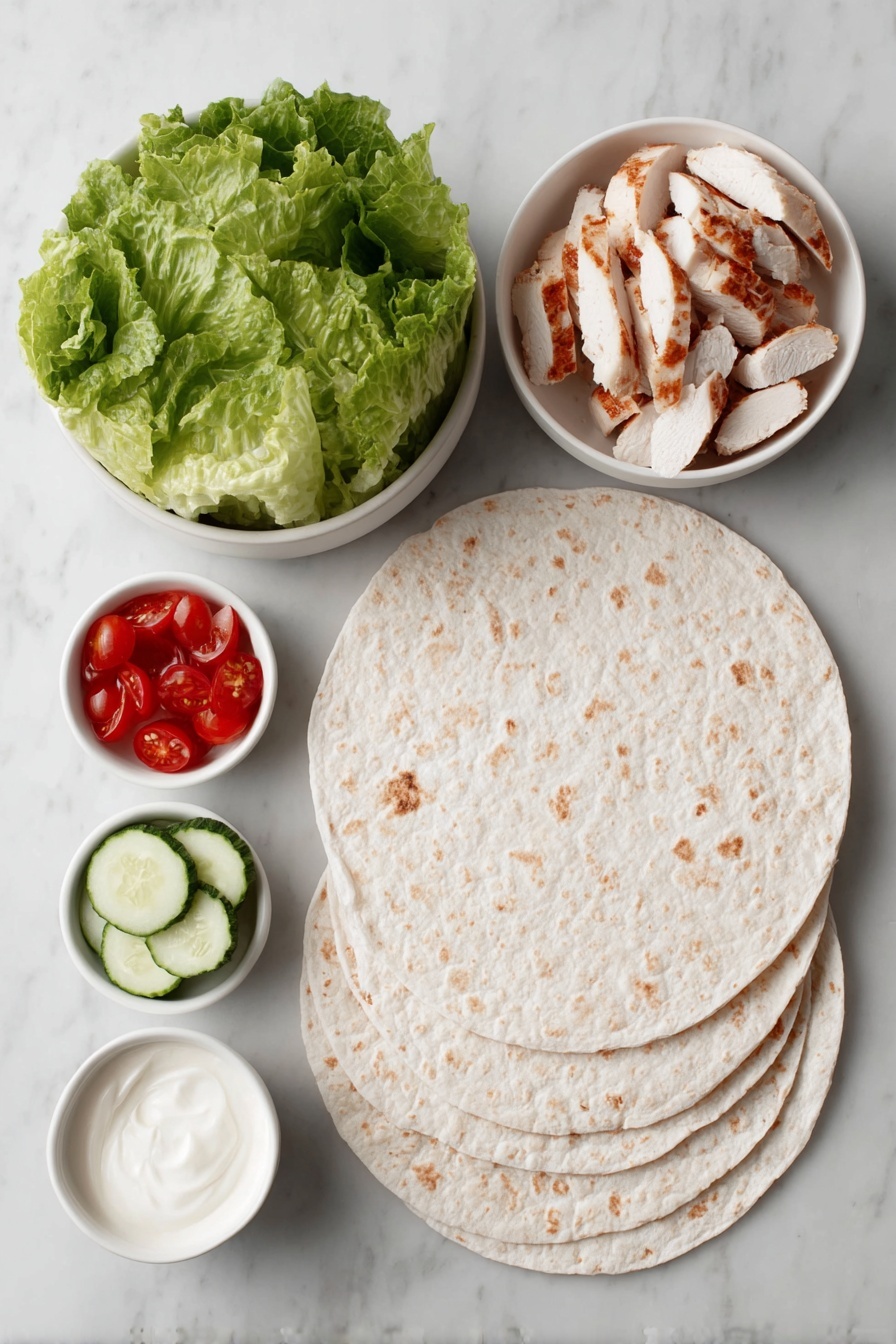 Flat lay of two large whole wheat tortillas, a few fresh green Bibb lettuce leaves, six bright red tomato slices arranged neatly, ten halved crisp English cucumber slices, a small white ceramic bowl with creamy light mayo, a small white ceramic bowl filled with glossy Thai sweet chili sauce, and a pile of warm grilled chicken breast strips, all placed on a clean white marble surface, soft natural light, photo taken with an iPhone, professional food photography style, fresh ingredients, white ceramic bowls, no bottles, no duplicates, no utensils, no packaging --ar 2:3 --v 7 --p m7354615311229779997 - Sweet Chili Chicken Wrap, Chicken Wraps with Thai Chili Sauce, Quick Chicken Wrap Recipes, Easy Spicy Chicken Wraps, Healthy Chicken Wrap Ideas
