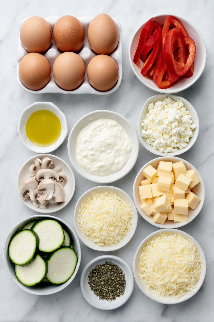 Flat lay of whole uncracked brown eggs arranged neatly, a small white ceramic bowl filled with fresh cream, a small white bowl of finely minced garlic cloves, sliced fresh mushrooms scattered naturally, a small white bowl containing crumbled feta cheese, a small white bowl with shredded cheddar cheese, vibrant orange cubes of raw pumpkin, thick round slices of green zucchini, bright red bell pepper slices, a small white bowl holding golden olive oil, and a small white ceramic bowl with a mix of dried herbs placed symmetrically, all ingredients fresh and natural, placed on a clean white marble surface, soft natural light, photo taken with an iPhone, professional food photography style, fresh ingredients, white ceramic bowls, no bottles, no duplicates, no utensils, no packaging --ar 2:3 --v 7 --p m7354615311229779997 - Vegetable Baked Frittata with Cheese, healthy vegetable frittata, cheesy baked breakfast dish, easy veggie frittata recipe, make-ahead brunch ideas