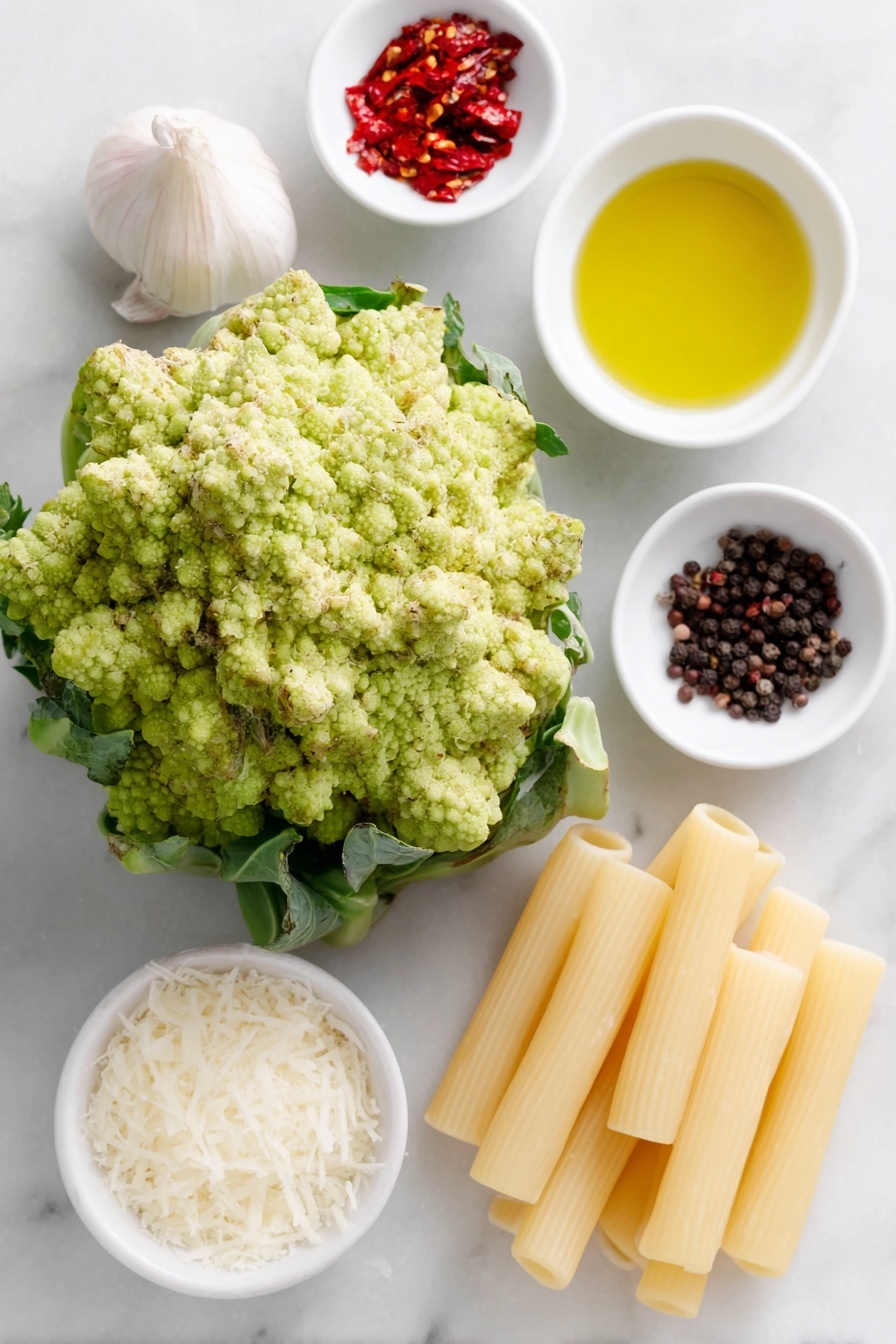 Flat lay of a medium head of fresh Romanesco broccoli with its intricate light green fractal florets, a small white ceramic bowl of golden extra virgin olive oil, one whole uncracked garlic clove with smooth white skin, a small white ceramic bowl containing bright red chili flakes, a single shiny anchovy fillet glistening on a small white ceramic dish, coarse sea salt crystals and whole black peppercorns elegantly arranged in a small white ceramic dish, uncooked pale yellow maccheroni pasta tubes neatly aligned on a simple white ceramic plate, and a small white ceramic bowl filled with finely grated pale yellow Pecorino Romano cheese, all placed on a clean white marble surface, soft natural light, photo taken with an iPhone, professional food photography style, fresh ingredients, white ceramic bowls, no bottles, no duplicates, no utensils, no packaging --ar 2:3 --v 7 --p m7354615311229779997 - Romanesco Broccoli Pasta with Pecorino, Romanesco broccoli pasta, pasta with Romanesco and Pecorino, vegetable pasta recipes, easy Romanesco pasta