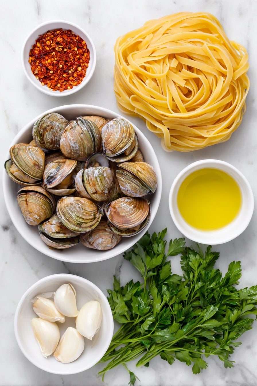 Flat lay of fresh linguine pasta neatly coiled, a cluster of glossy fresh clams in their shells, several whole uncracked garlic cloves with smooth white skins, a small white ceramic bowl holding bright red finely chopped peperoncino flakes, another small white bowl filled with golden extra virgin olive oil, a handful of vibrant green fresh parsley sprigs, and a small white bowl containing pale dry white wine, all arranged with perfect symmetry on a clean white marble surface, soft natural light, photo taken with an iPhone, professional food photography style, fresh ingredients, white ceramic bowls, no bottles, no duplicates, no utensils, no packaging --ar 2:3 --v 7 --p m7354615311229779997 - Linguine with Clams and Garlic, seafood pasta recipes, easy Italian pasta, quick clam pasta, gourmet seafood dinner