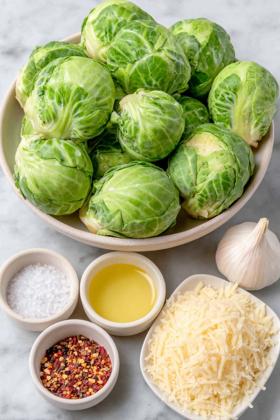 Flat lay of fresh green Brussels sprouts cut in half, a small white ceramic bowl with golden olive oil, a whole white garlic clove, a small white bowl filled with fine kosher salt crystals, a small white bowl with freshly ground black peppercorns, a pinch of bright red pepper flakes on a white ceramic dish, a small mound of finely grated pale yellow Parmesan cheese on a simple white ceramic plate placed on a clean white marble surface, soft natural light, photo taken with an iPhone, professional food photography style, fresh ingredients, white ceramic bowls, no bottles, no duplicates, no utensils, no packaging --ar 2:3 --v 7 --p m7354615311229779997 - Crispy Parmesan Brussels Sprouts, Brussels Sprouts side dish, cheesy roasted Brussels Sprouts, quick Brussels Sprouts recipe, baked Brussels Sprouts with Parmesan