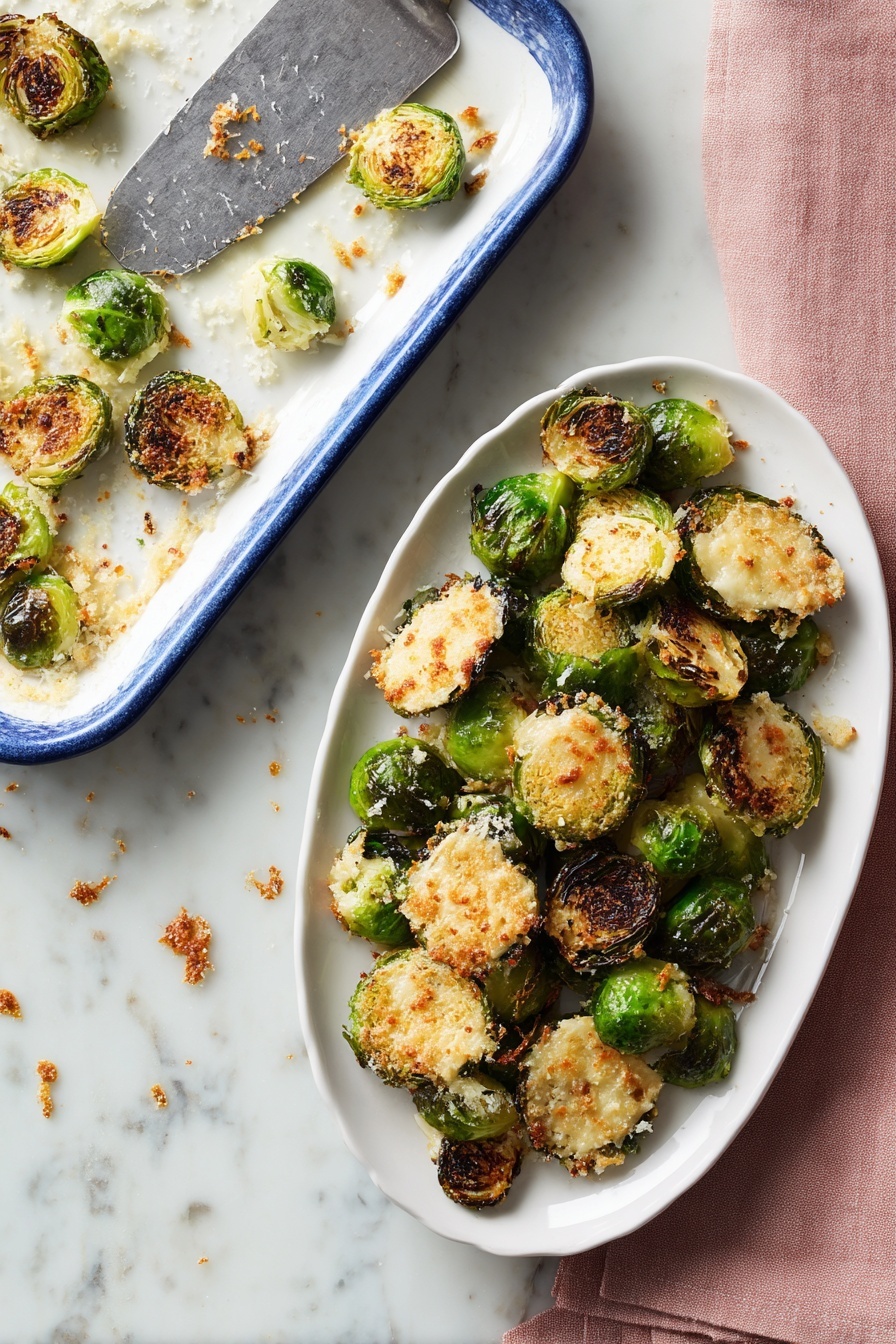 The dish shows roasted Brussels sprouts with a crispy golden-brown crust. There are whole and halved Brussels sprouts with bright green insides and browned, textured outer layers. The sprouts sit in a white bowl, spread evenly and mixed, with some pieces having a crunchy, lacy, golden coating attached. The background is a white marbled surface. Photo taken with an iphone --ar 2:3 --v 7 - Crispy Parmesan Brussels Sprouts, Brussels Sprouts side dish, cheesy roasted Brussels Sprouts, quick Brussels Sprouts recipe, baked Brussels Sprouts with Parmesan