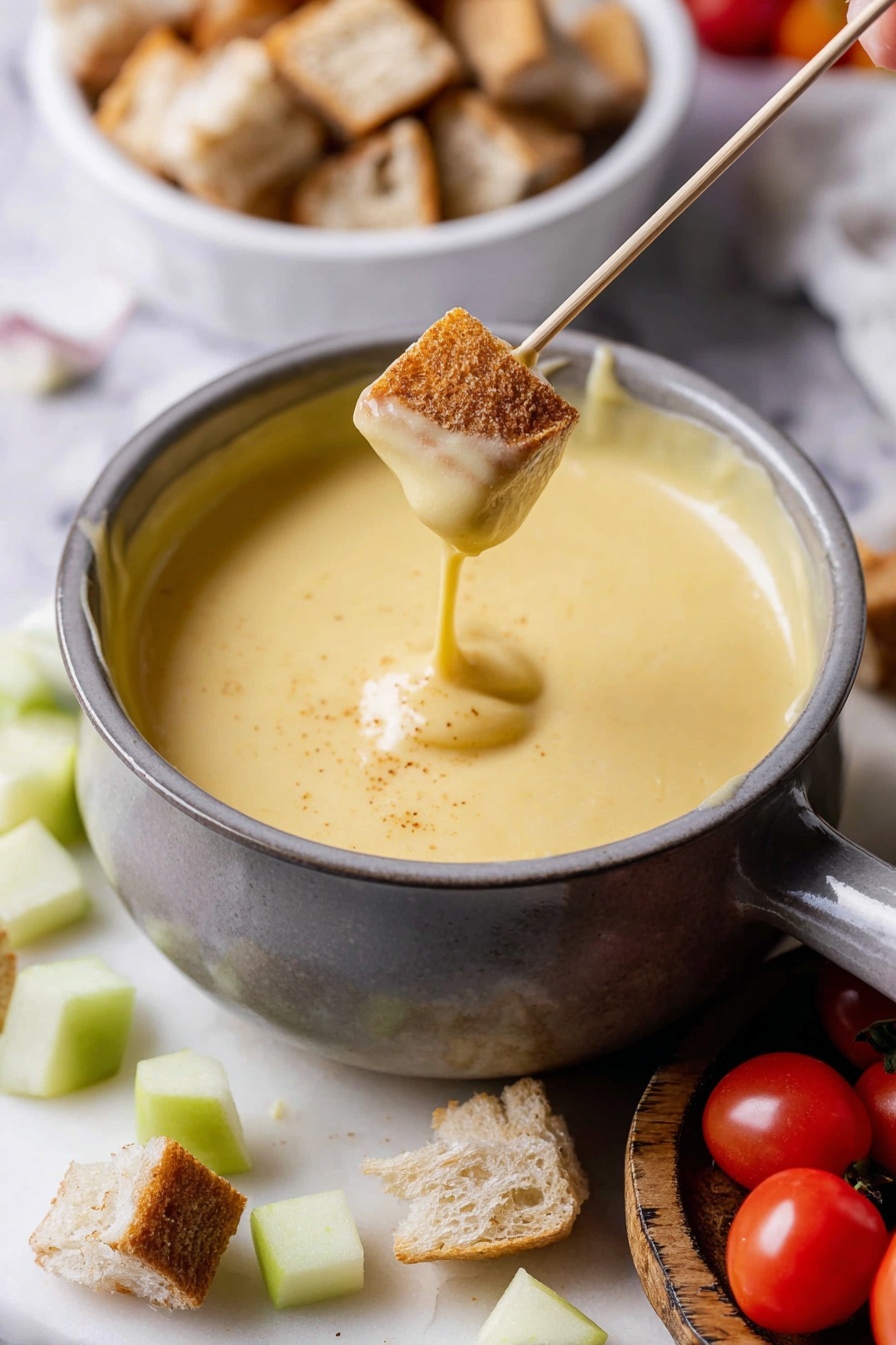A gray pot filled with smooth, thick, light yellow cheese sauce is placed on a white marbled surface. A wooden skewer holds a piece of light brown toasted bread dipped into the cheese sauce, with sauce clinging to the bread. Around the pot, there are small green apple cubes and halved light brown bread pieces scattered on the white marbled surface. A wooden board with a few red grape tomatoes is partially visible on the right side. In the background to the left, there is a blurred white bowl filled with more toasted bread pieces. photo taken with an iphone --ar 2:3 --v 7 - Cheese Fondue with Wine and Dippers, cheese fondue recipe with wine, Swiss cheese fondue ideas, easy cheese fondue for beginners, creamy cheese fondue dip