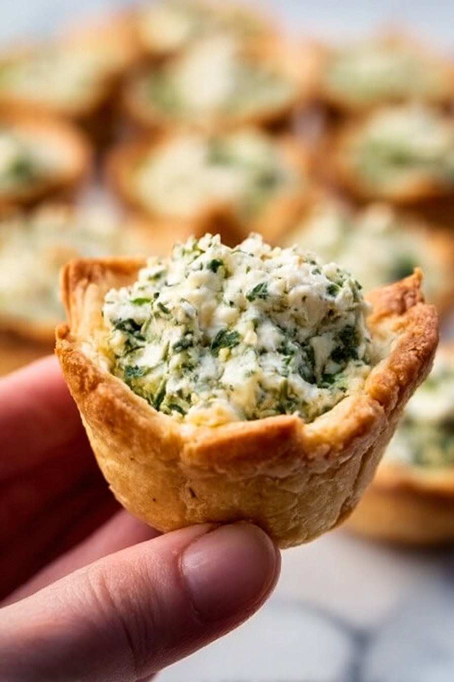 The image shows several small square-shaped pastry cups filled with a spinach and cheese mixture. Each pastry cup has golden brown, crisp edges with a slightly puffed texture. Inside, there is a layer of creamy green spinach mixed with white melted cheese on top, which looks soft and slightly bubbly. The cups are closely arranged on a wooden surface with a light, natural grain. The background is softly blurred, drawing attention to the details of the pastry cups in the foreground. photo taken with an iphone --ar 2:3 --v 7 - Spinach Artichoke Bites, spinach artichoke appetizer, cheesy spinach bites, quick party snacks, easy spinach artichoke snacks