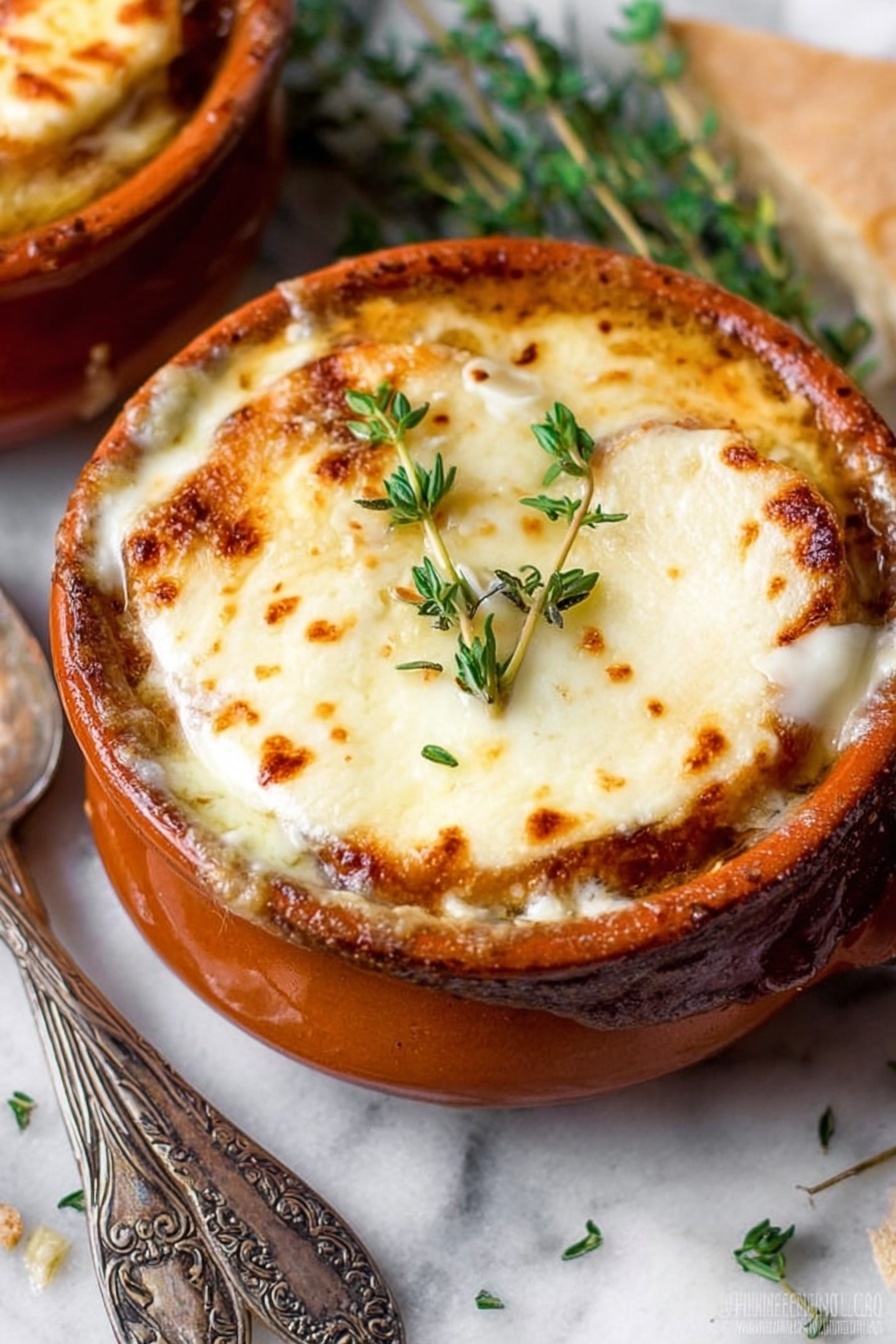 The image shows a small round white ceramic bowl filled with a dish that has three layers. The bottom layer is a golden-brown base, likely cooked meat or vegetables in sauce. On top of this is a thick layer of melted white cheese with light golden spots from baking, covering the whole surface smoothly. There are a few fresh green thyme sprigs placed on top of the cheese for decoration. The bowl is set on a white marbled surface, and next to it is a metal spoon with ornate handles and some scattered green herbs around. The overall look is warm and inviting, with a crispy cheese topping that looks soft and creamy underneath. Photo taken with an iphone --ar 2:3 --v 7 - Crockpot French Onion Soup with Cheese, easy French onion soup, slow cooker onion soup, cheesy onion soup recipe, homemade French onion soup