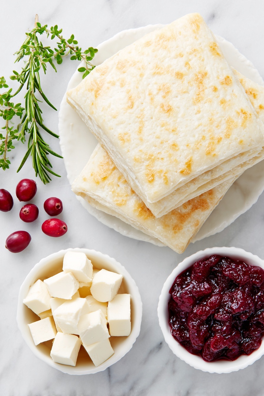 Flat lay of a sheet of pale golden puff pastry with visible layers, small cubes of creamy white brie cheese with a thin rind, a small white ceramic bowl filled with bright red cranberry sauce, and a few fresh green sprigs of rosemary arranged neatly, all placed on a clean white marble surface, soft natural light, photo taken with an iPhone, professional food photography style, fresh ingredients, white ceramic bowls, no bottles, no duplicates, no utensils, no packaging --ar 2:3 --v 7 --p m7354615311229779997 - Cranberry Brie Puff Pastry Bites, holiday appetizer ideas, easy puff pastry appetizers, festive party snacks, cheesy cranberry bites